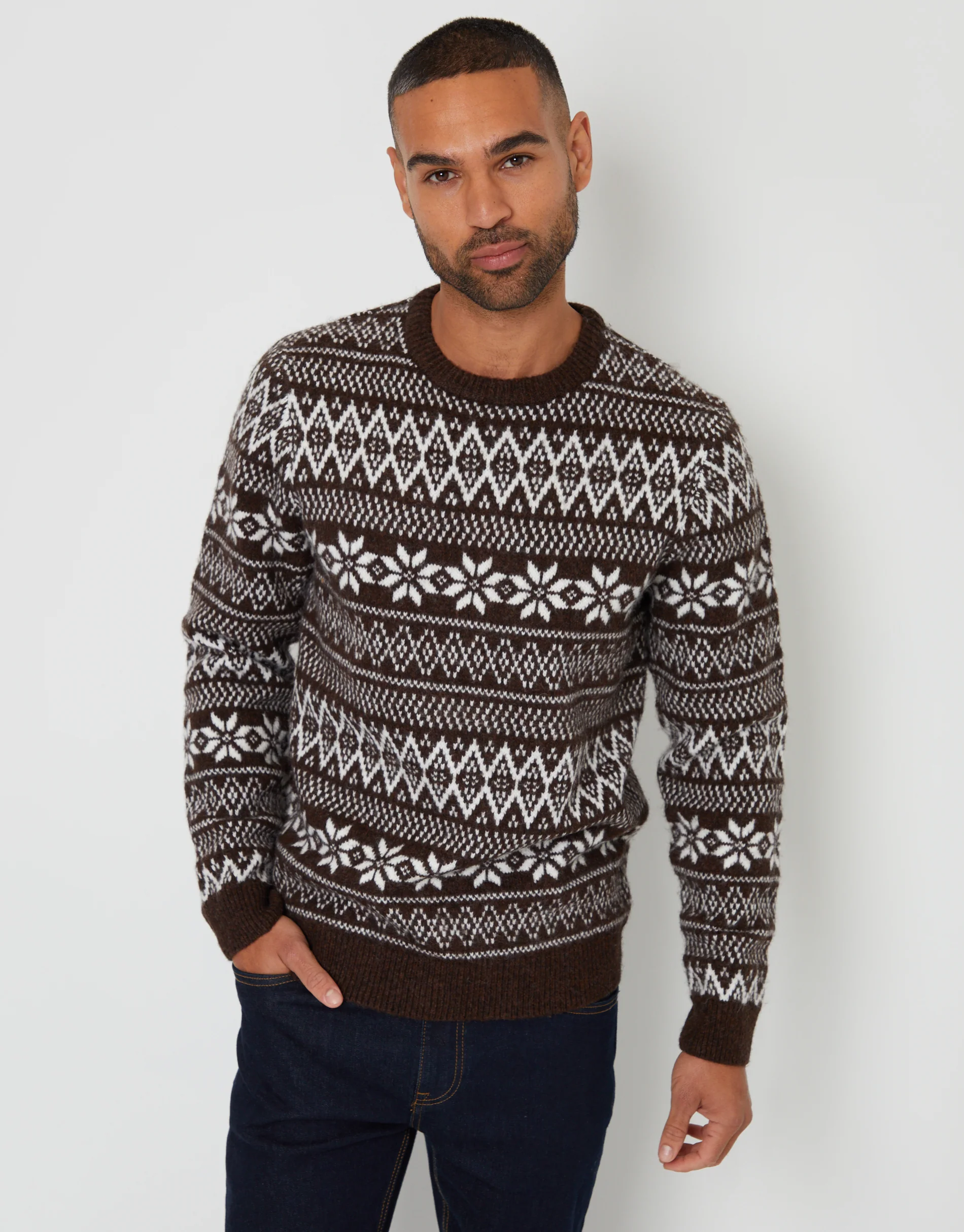 Christmas Fairisle Crew Neck Jumper in Brown - Image 2