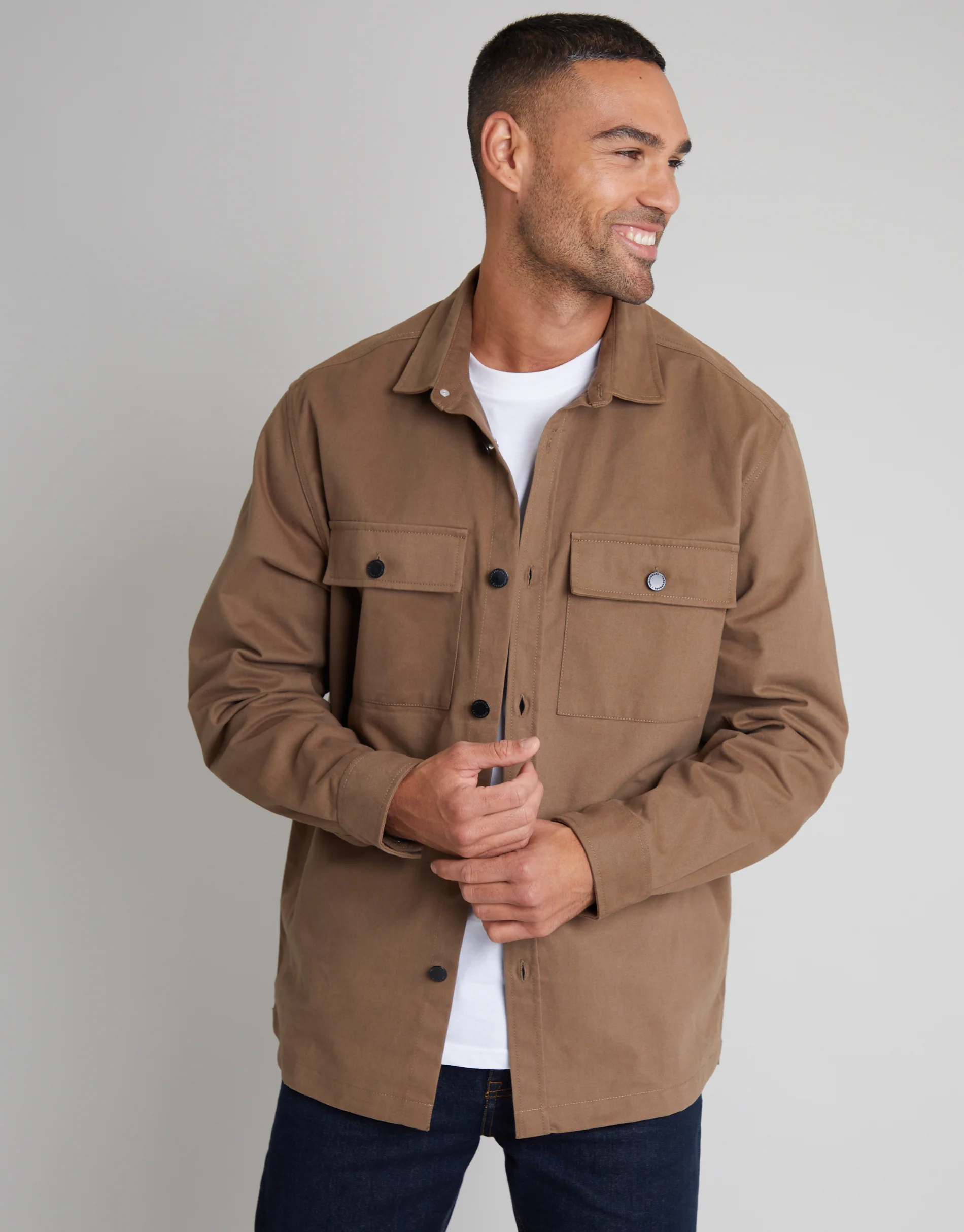 Relaxed Fit Cotton Twill Button Up Shacket in Brown - Image 2