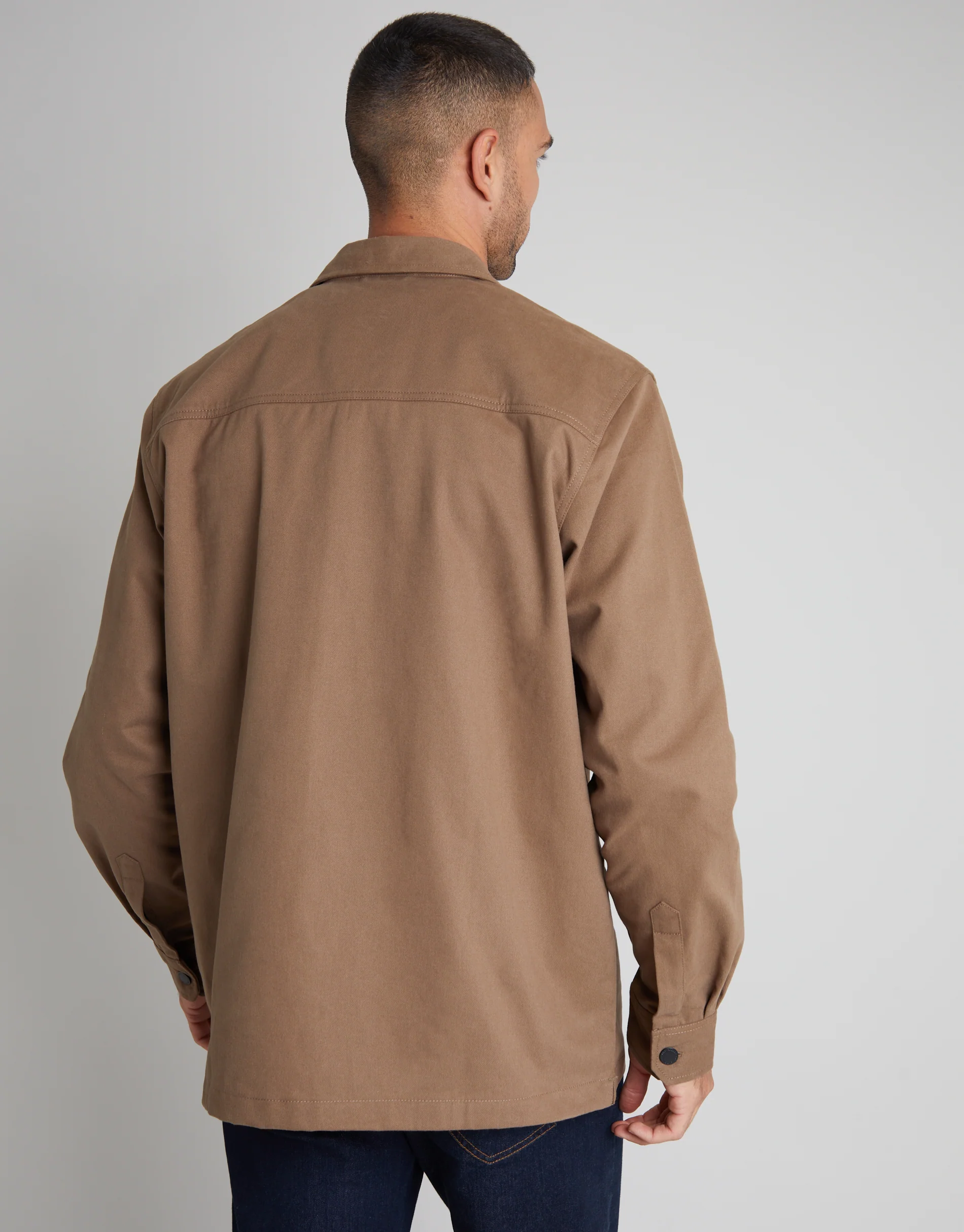 Relaxed Fit Cotton Twill Button Up Shacket in Brown - Image 3