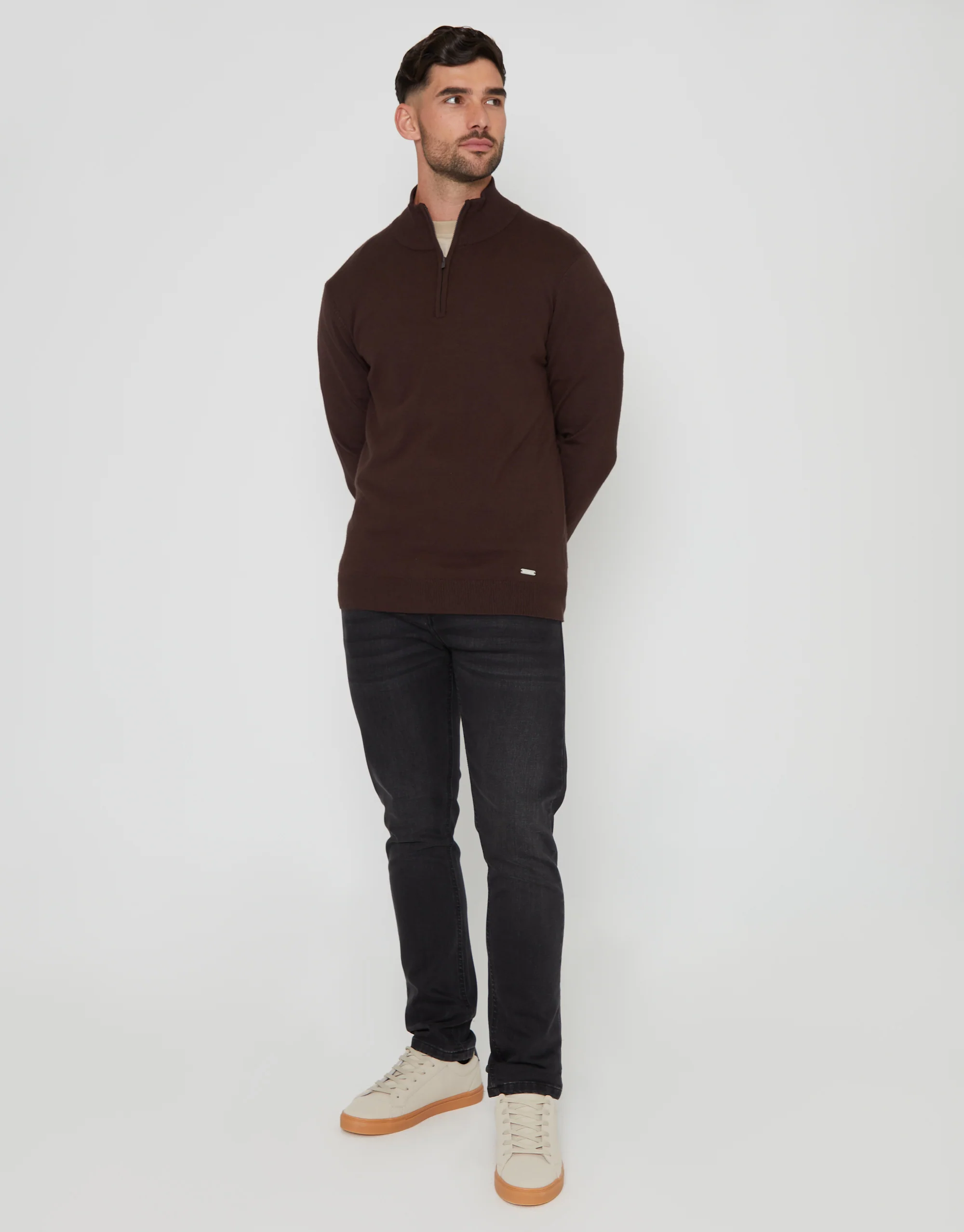 Funnel Neck Quarter Zip Knitted Jumper in Brown - Image 3