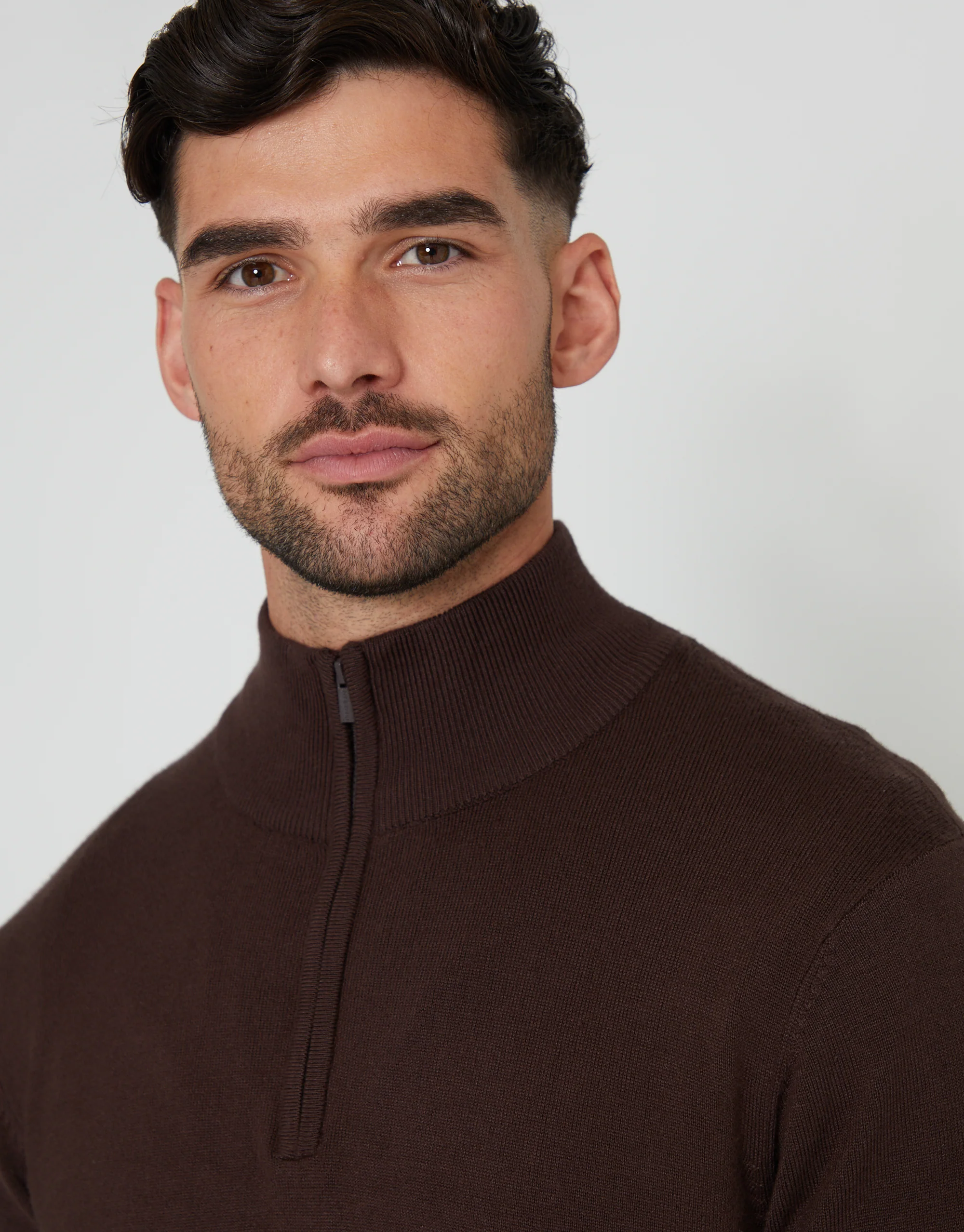 Funnel Neck Quarter Zip Knitted Jumper in Brown - Image 4