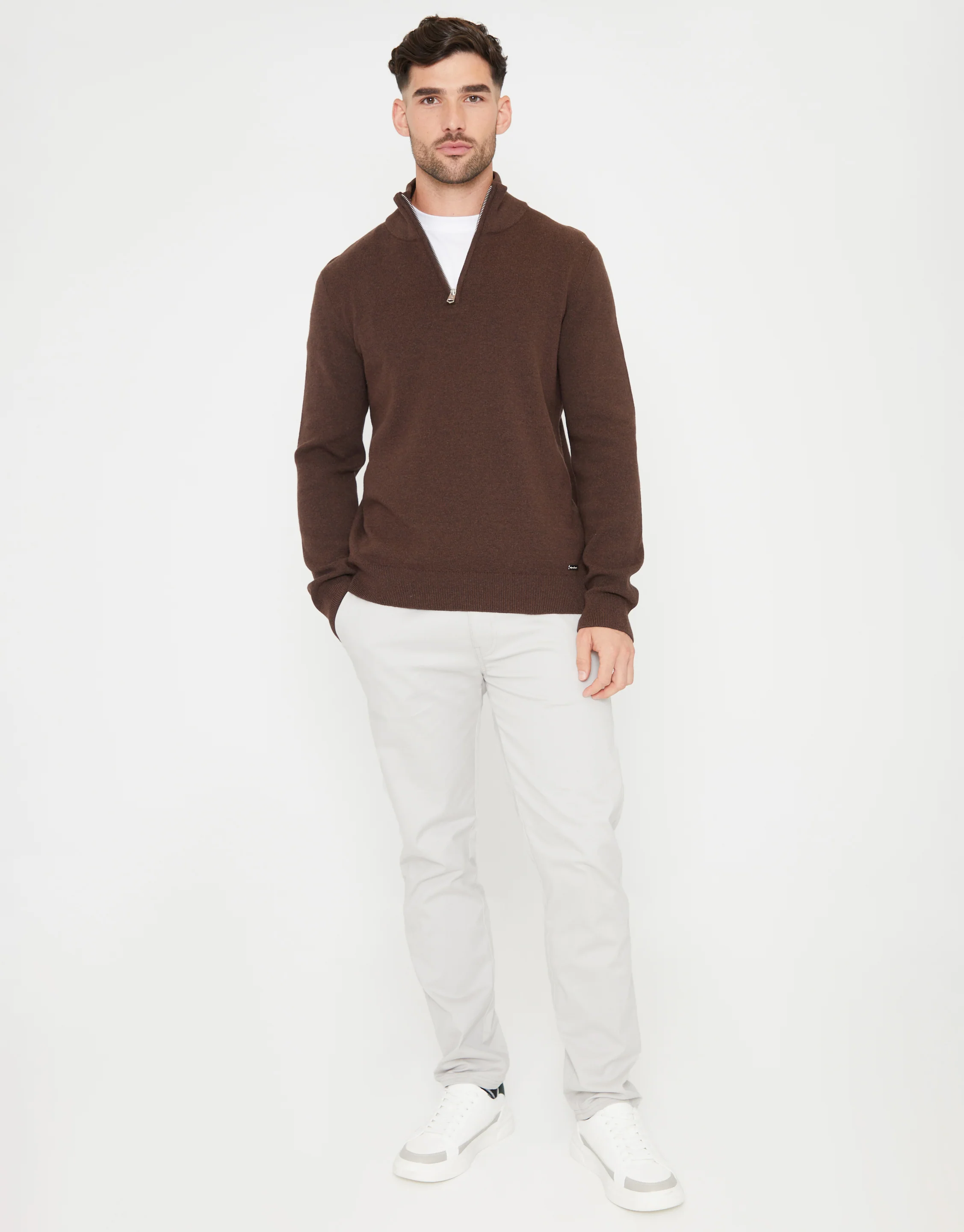 Knitted Quarter Zip Jumper in Brown - Image 3