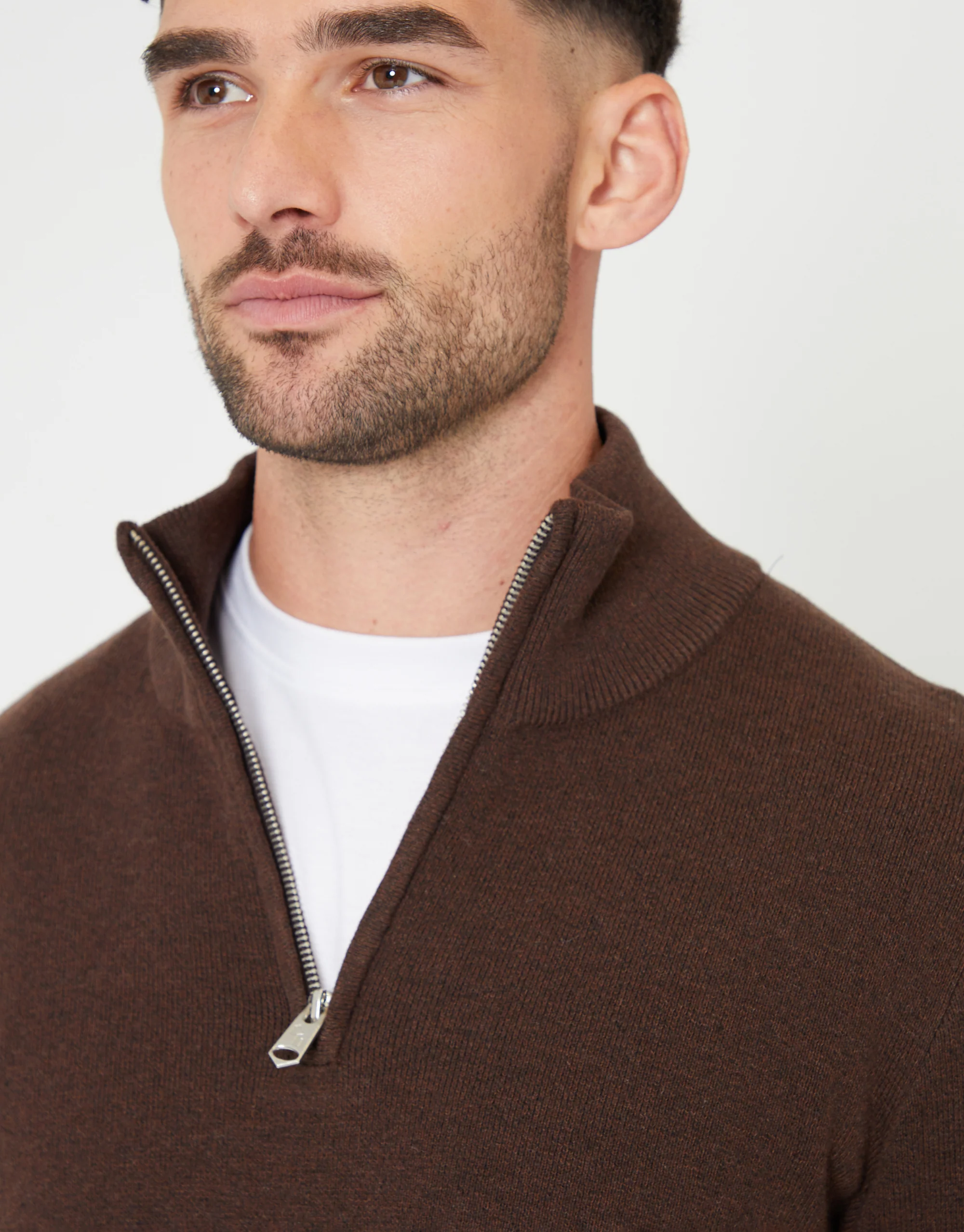 Knitted Quarter Zip Jumper in Brown - Image 4