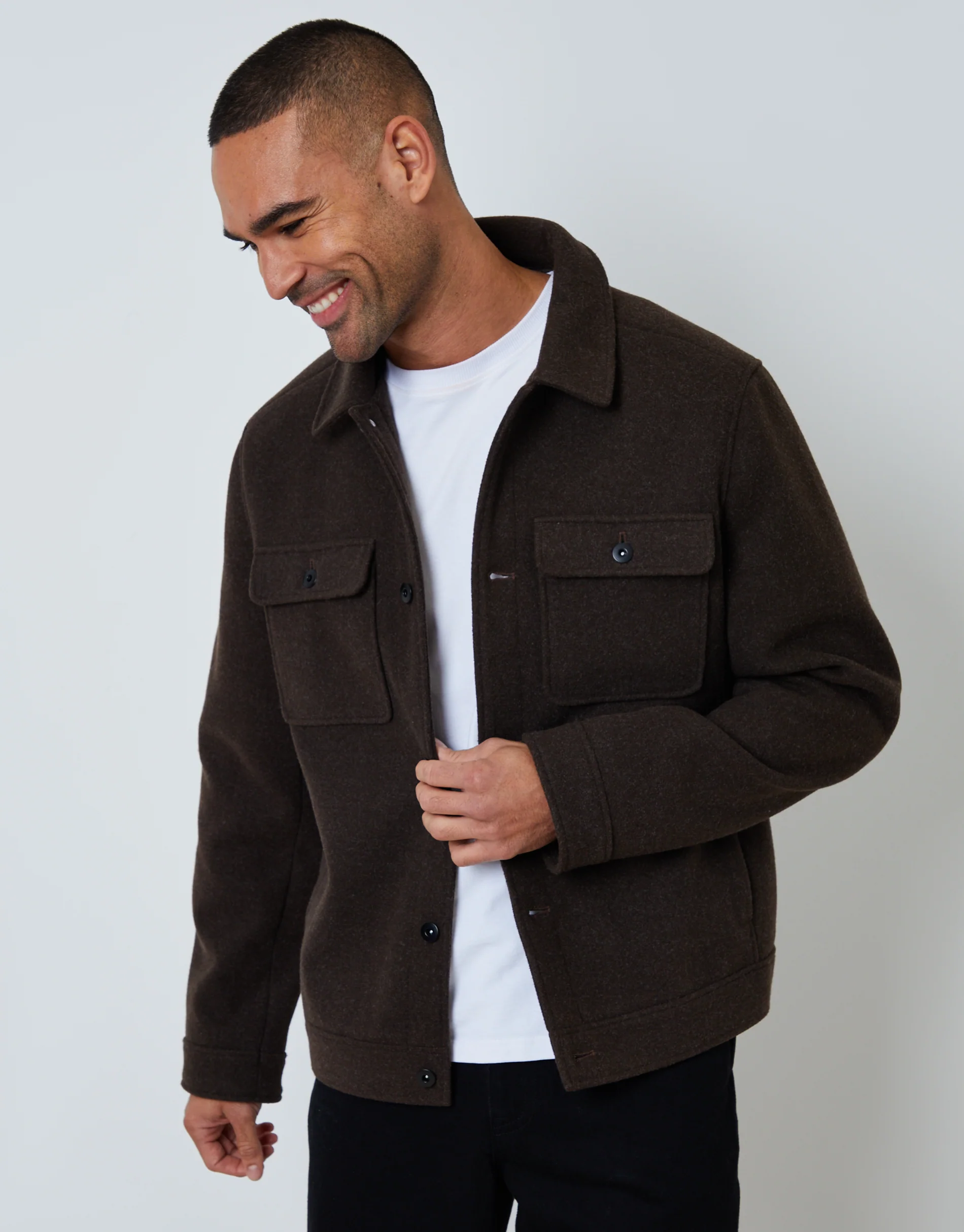 Brushed Button Up Shacket in Brown Marl
