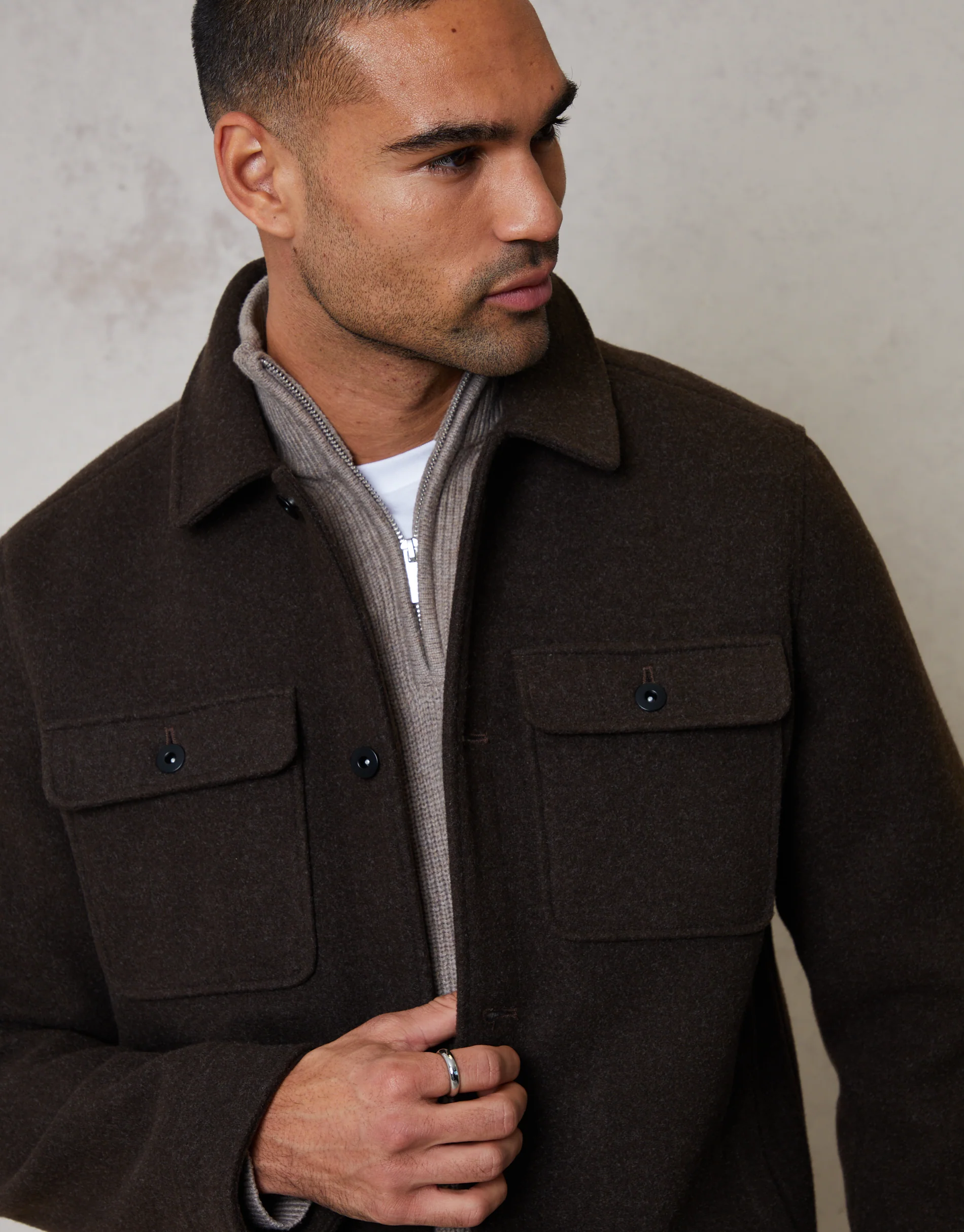 Brushed Button Up Shacket in Brown Marl - Image 5