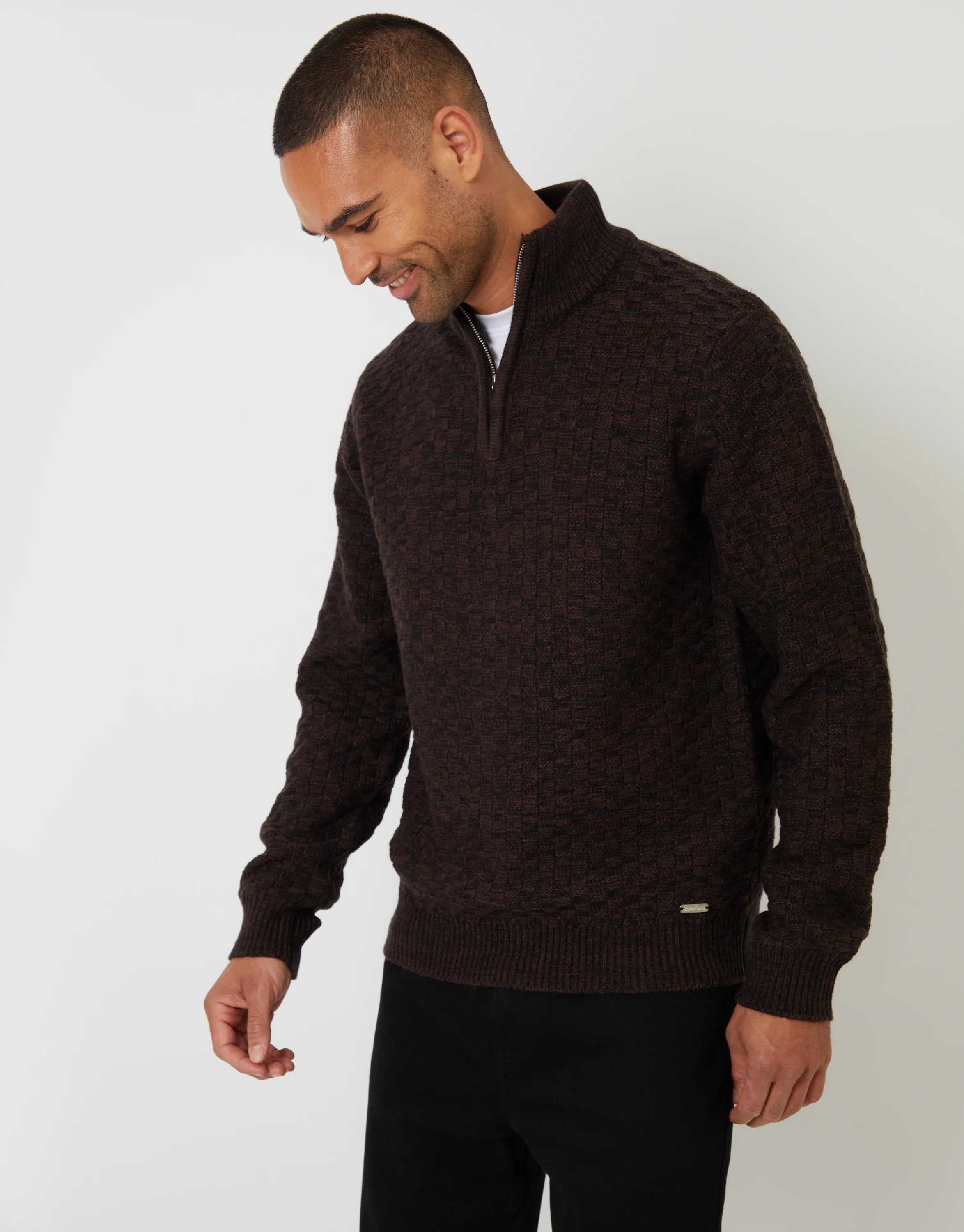 Basket Stitch Quarter Zip Jumper in Brown