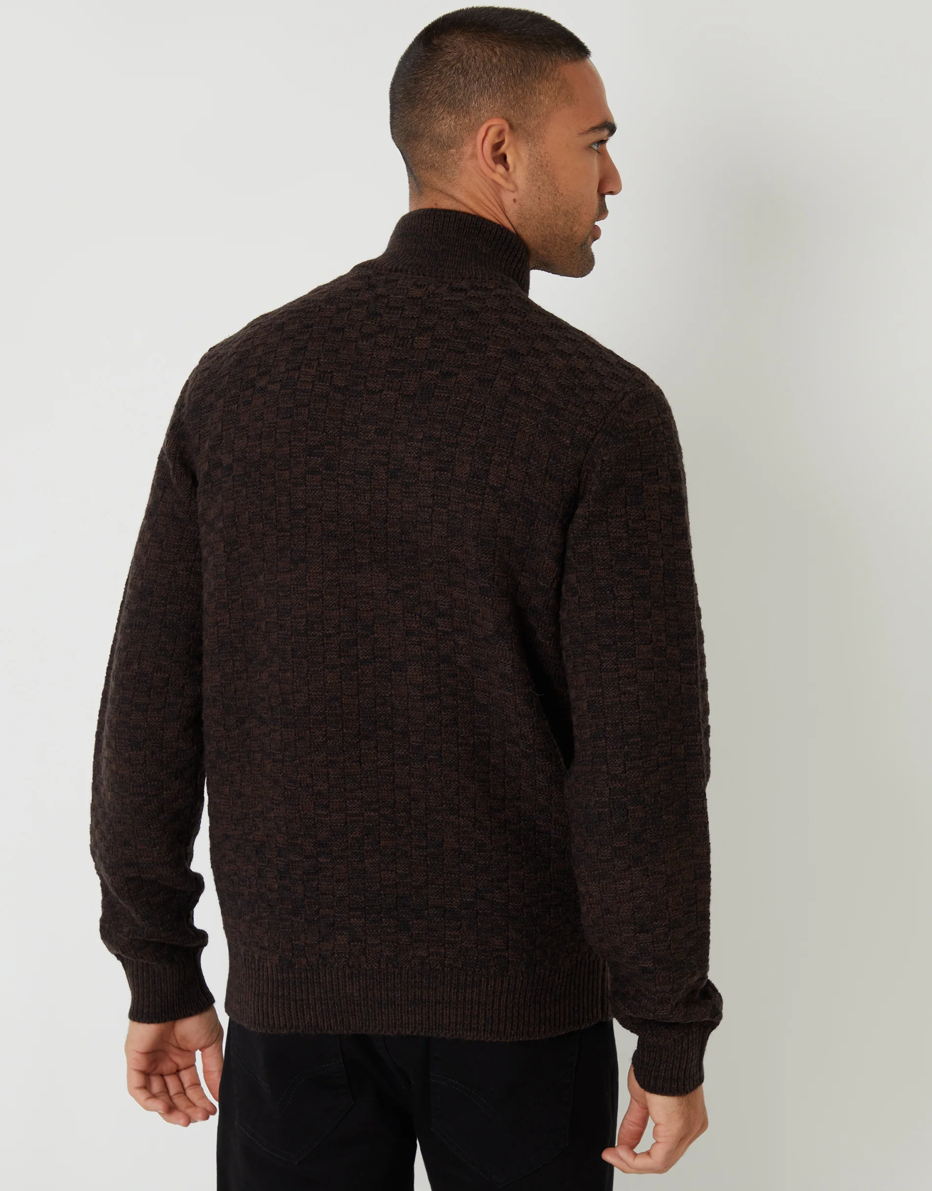 Basket Stitch Quarter Zip Jumper in Brown - Image 2