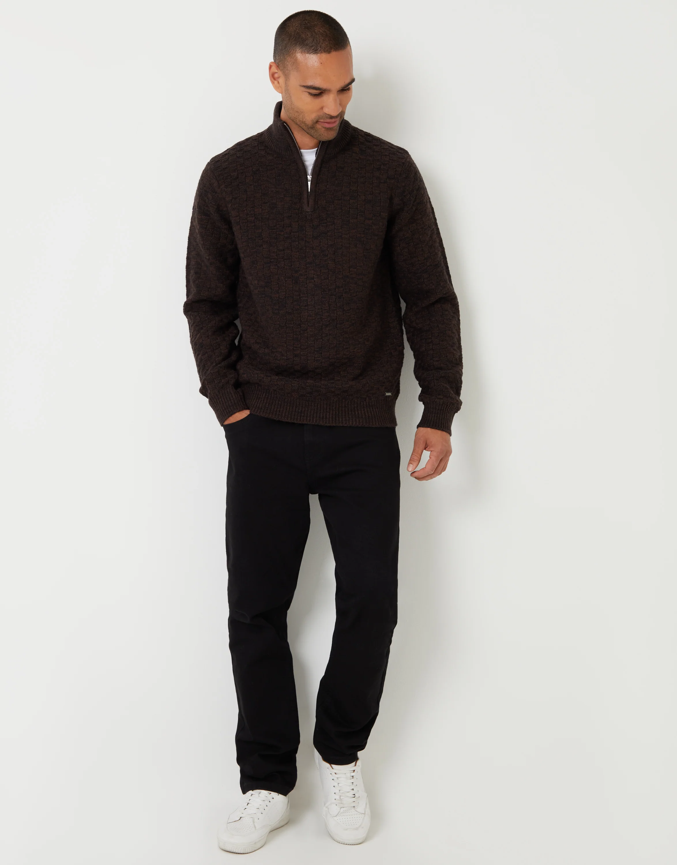 Basket Stitch Quarter Zip Jumper in Brown - Image 3