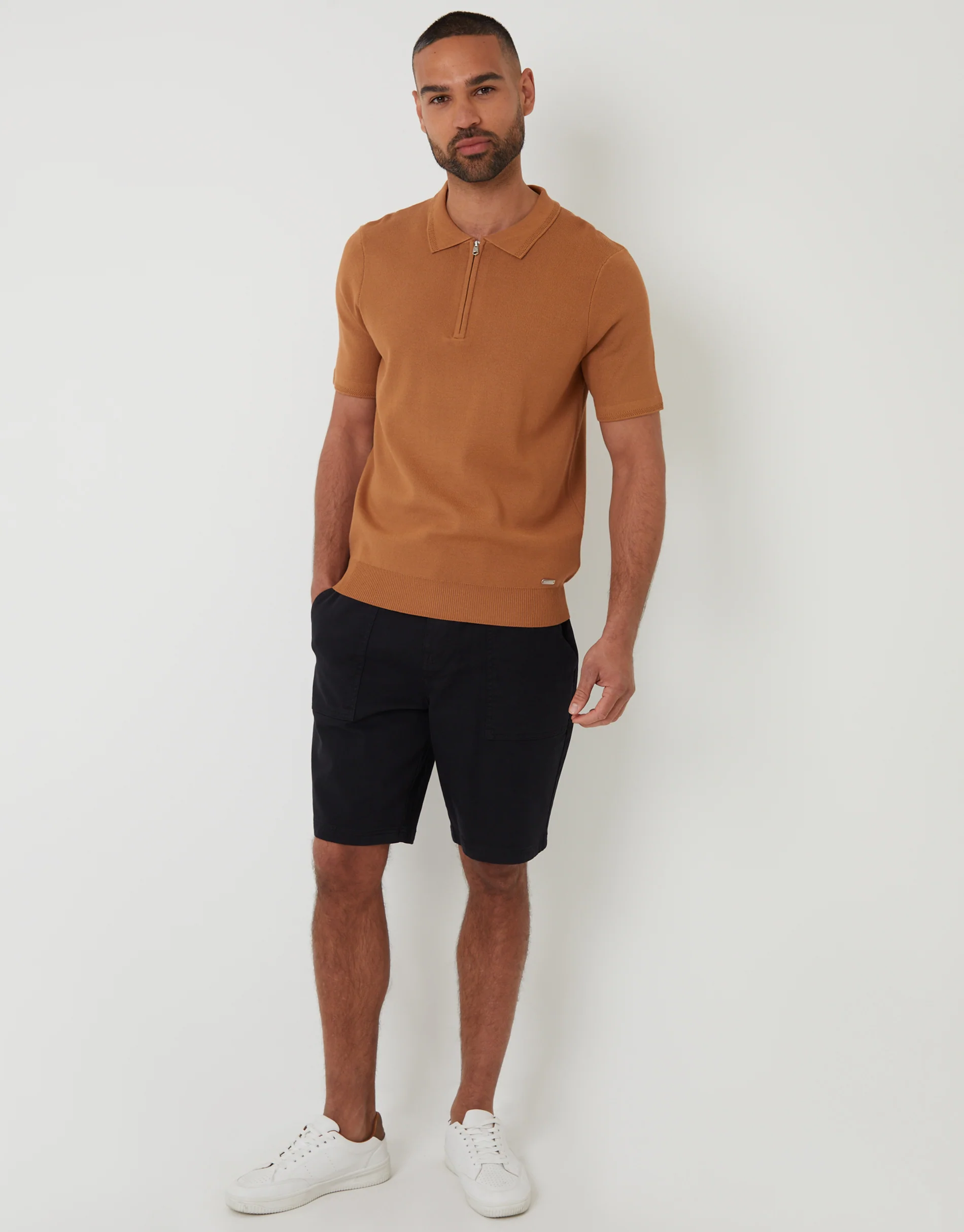 Quarter Zip Textured Trim Knitted Polo in Brown - Image 3
