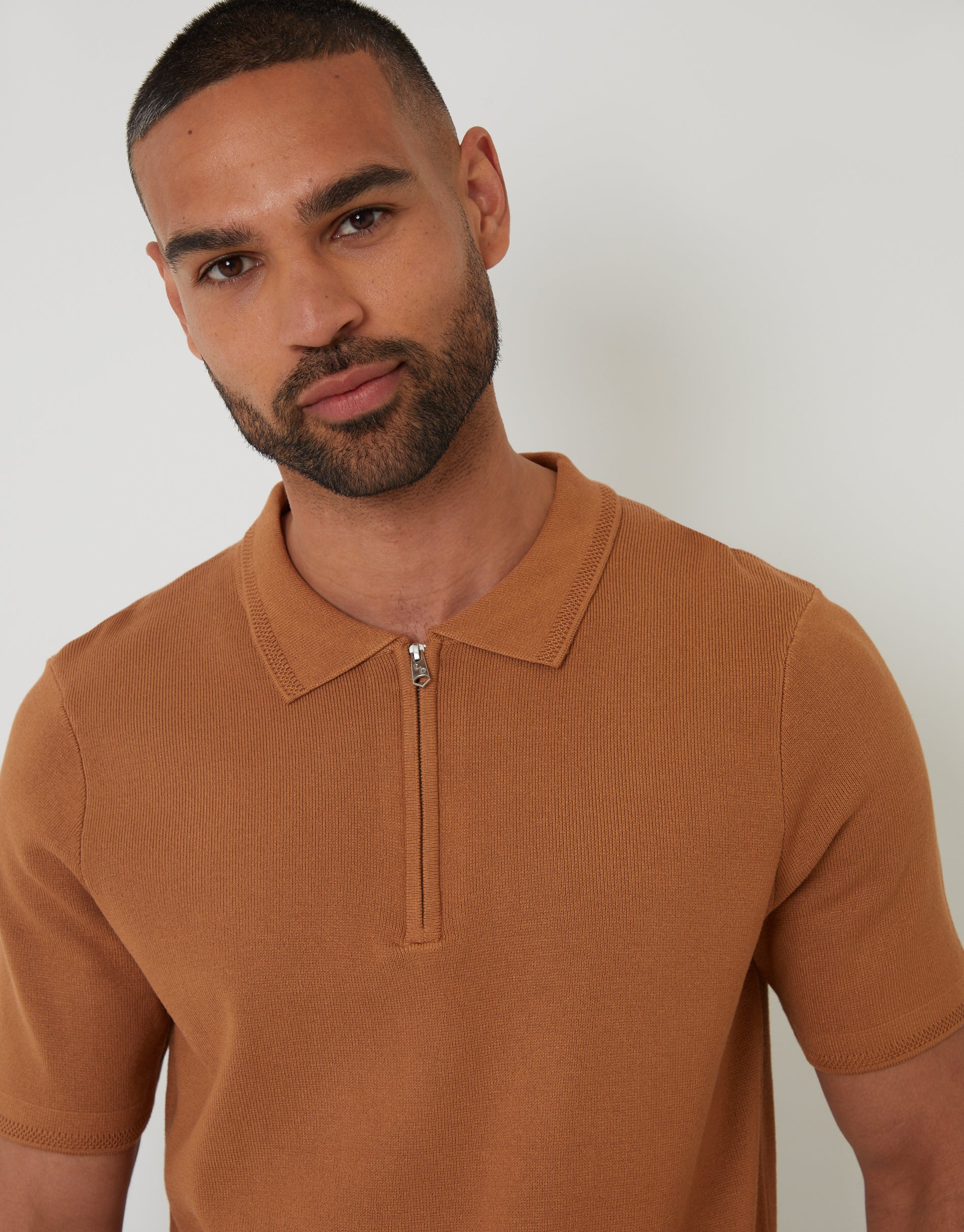 Quarter Zip Textured Trim Knitted Polo in Brown - Image 4