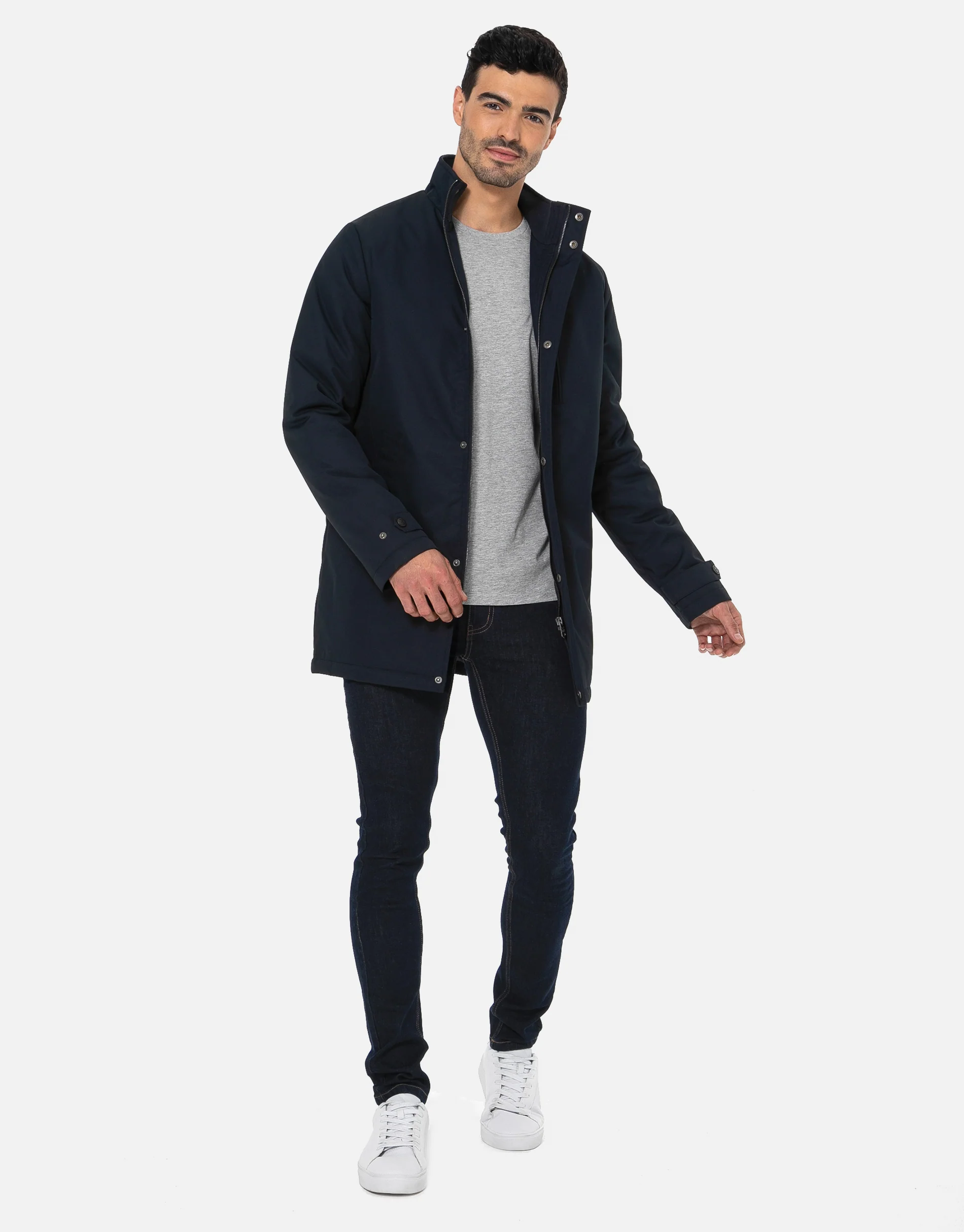 Funnel Neck Lightweight Mac in Navy - Image 3