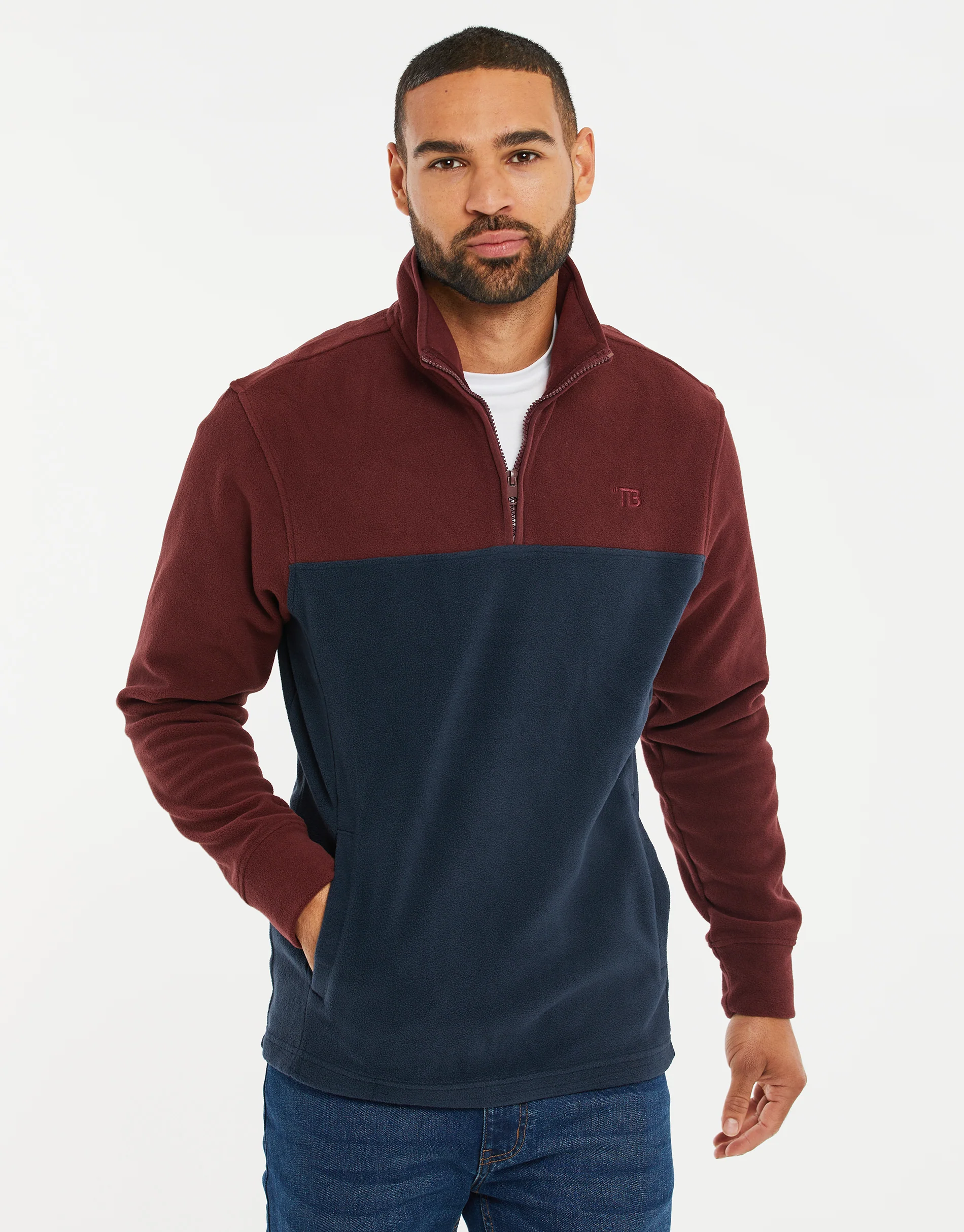 Colourblock Quarter Zip Fleece in Burgundy & Navy