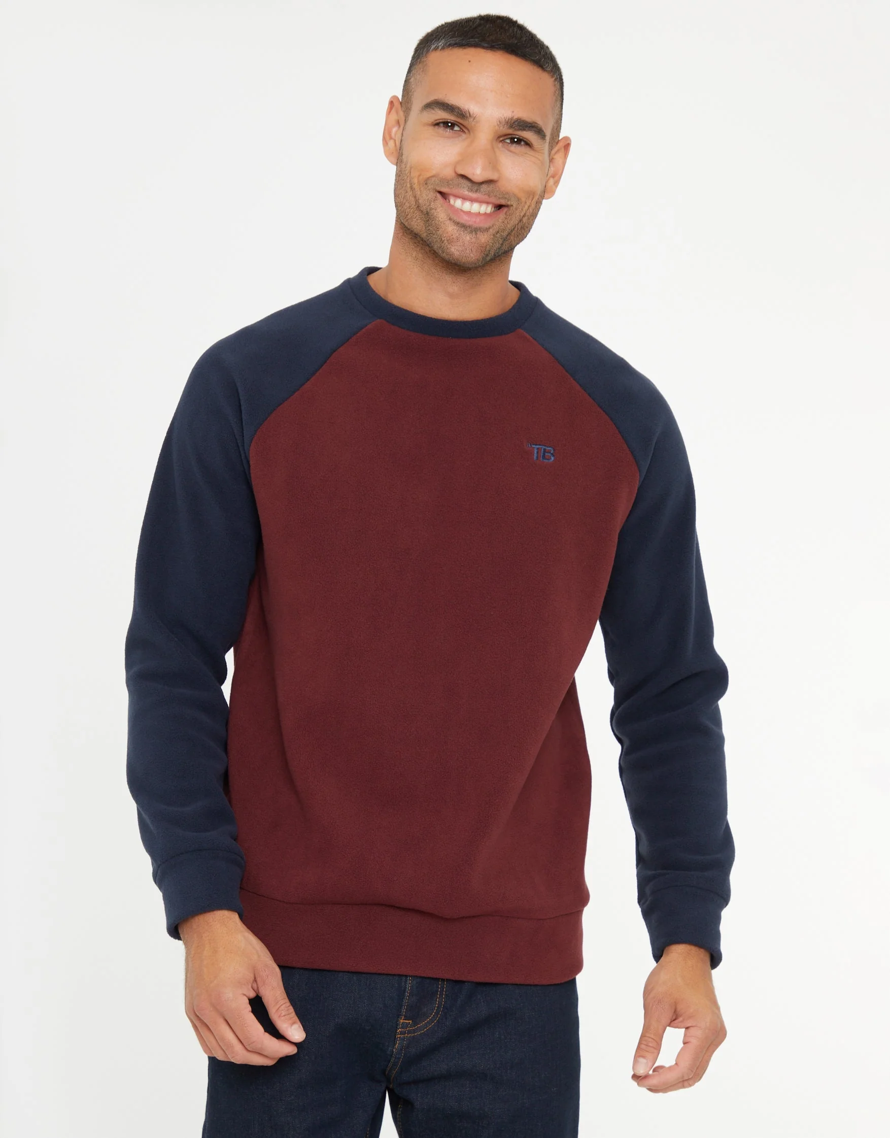 Raglan Microfleece Crew Neck Sweatshirt in Burgundy & Navy