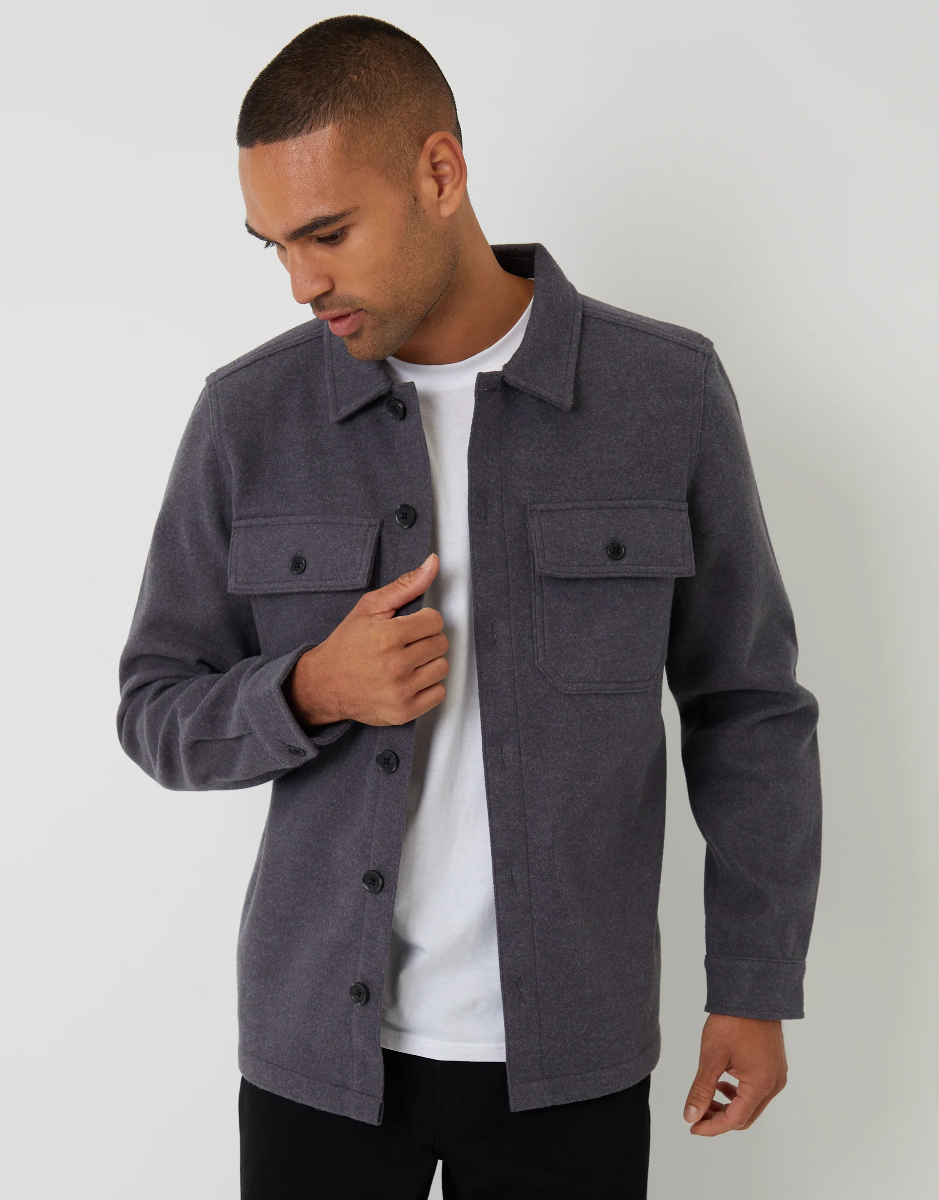 Faux Wool Button Up Shacket in Charcoal Grey