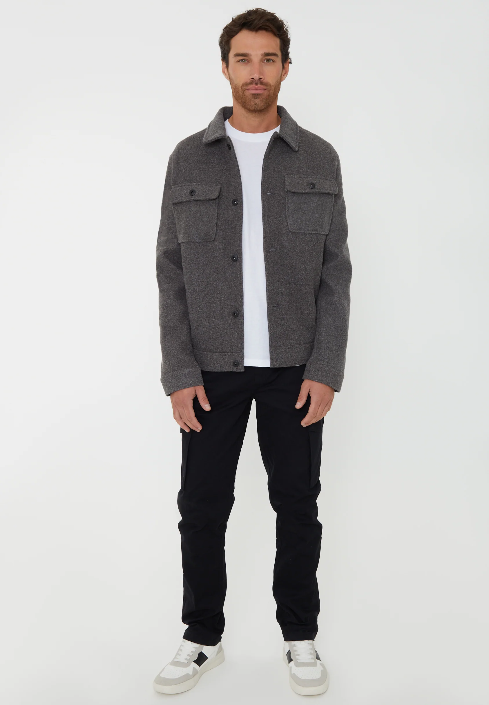Brushed Button Up Shacket in Charcoal Grey Marl - Image 3