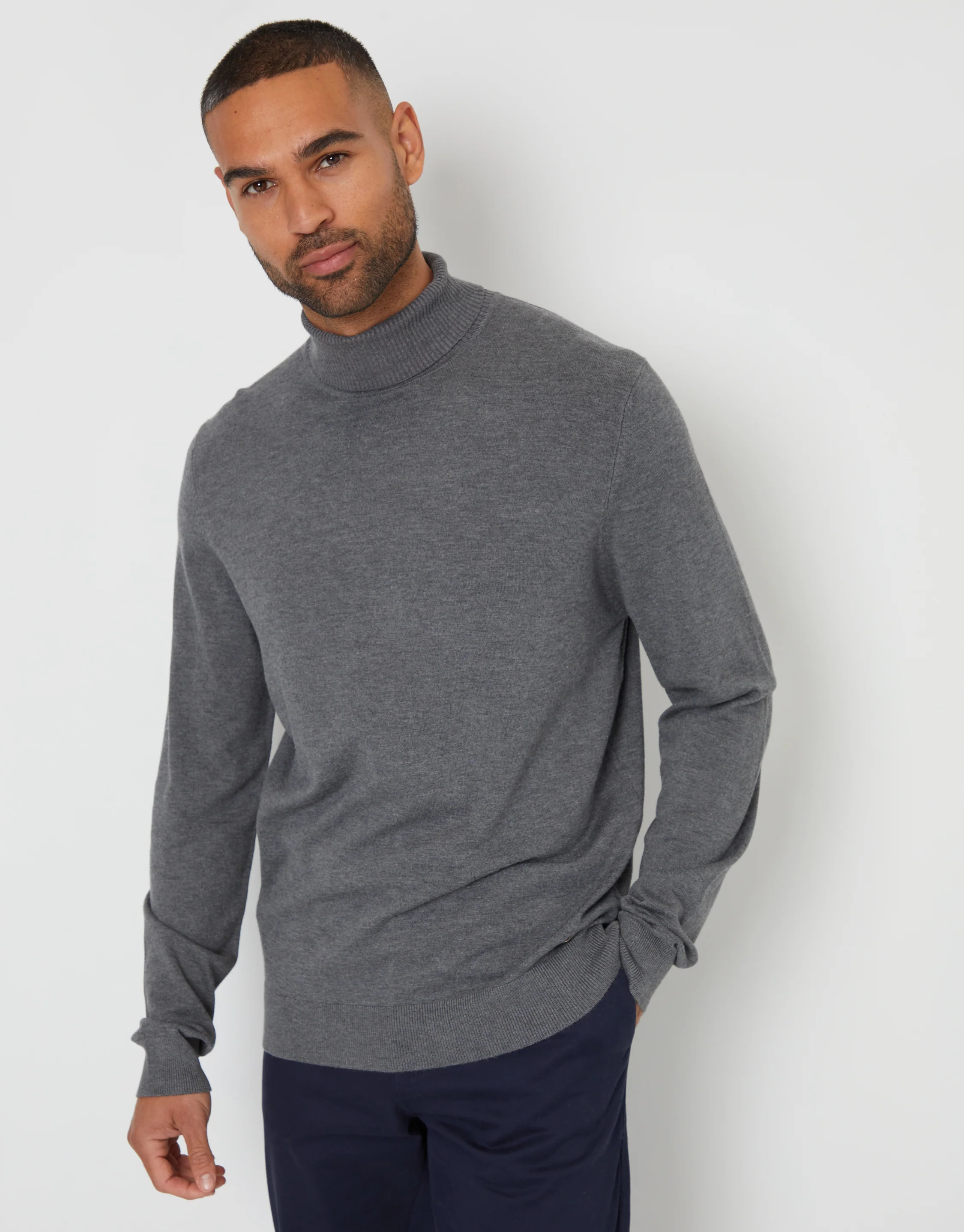 Knitted Roll Neck Jumper in Charcoal Grey Marl