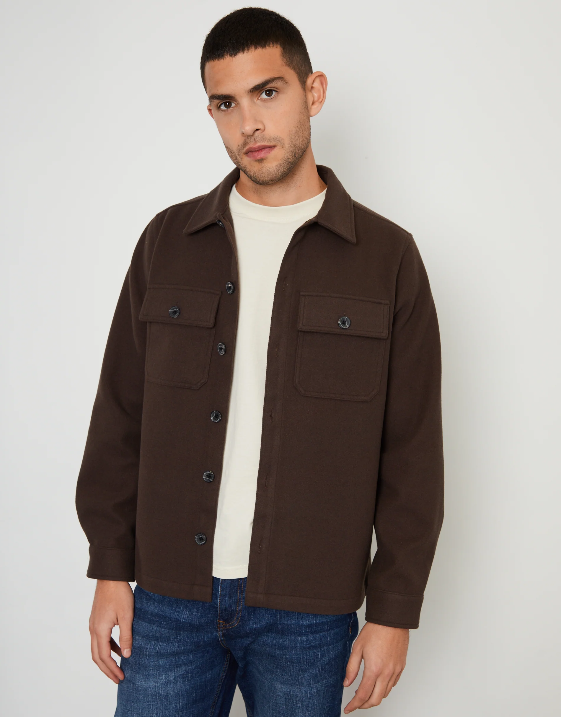 Faux Wool Button Up Shacket in Chocolate Brown
