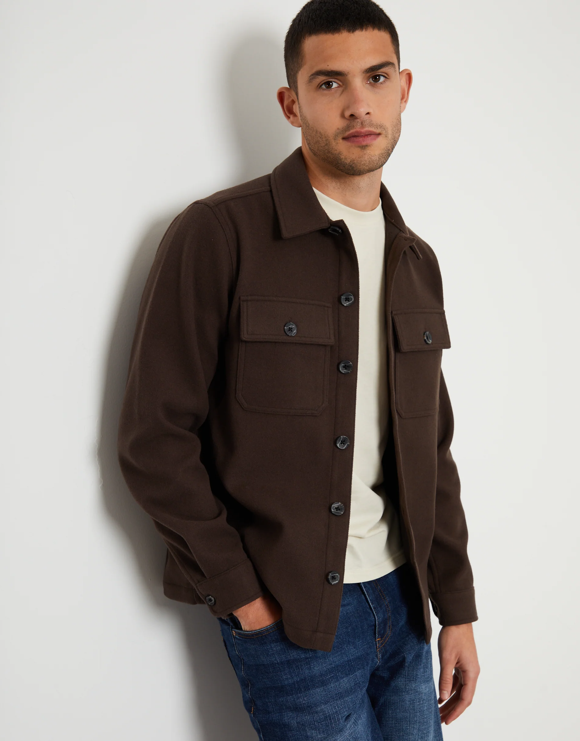 Faux Wool Button Up Shacket in Chocolate Brown - Image 5