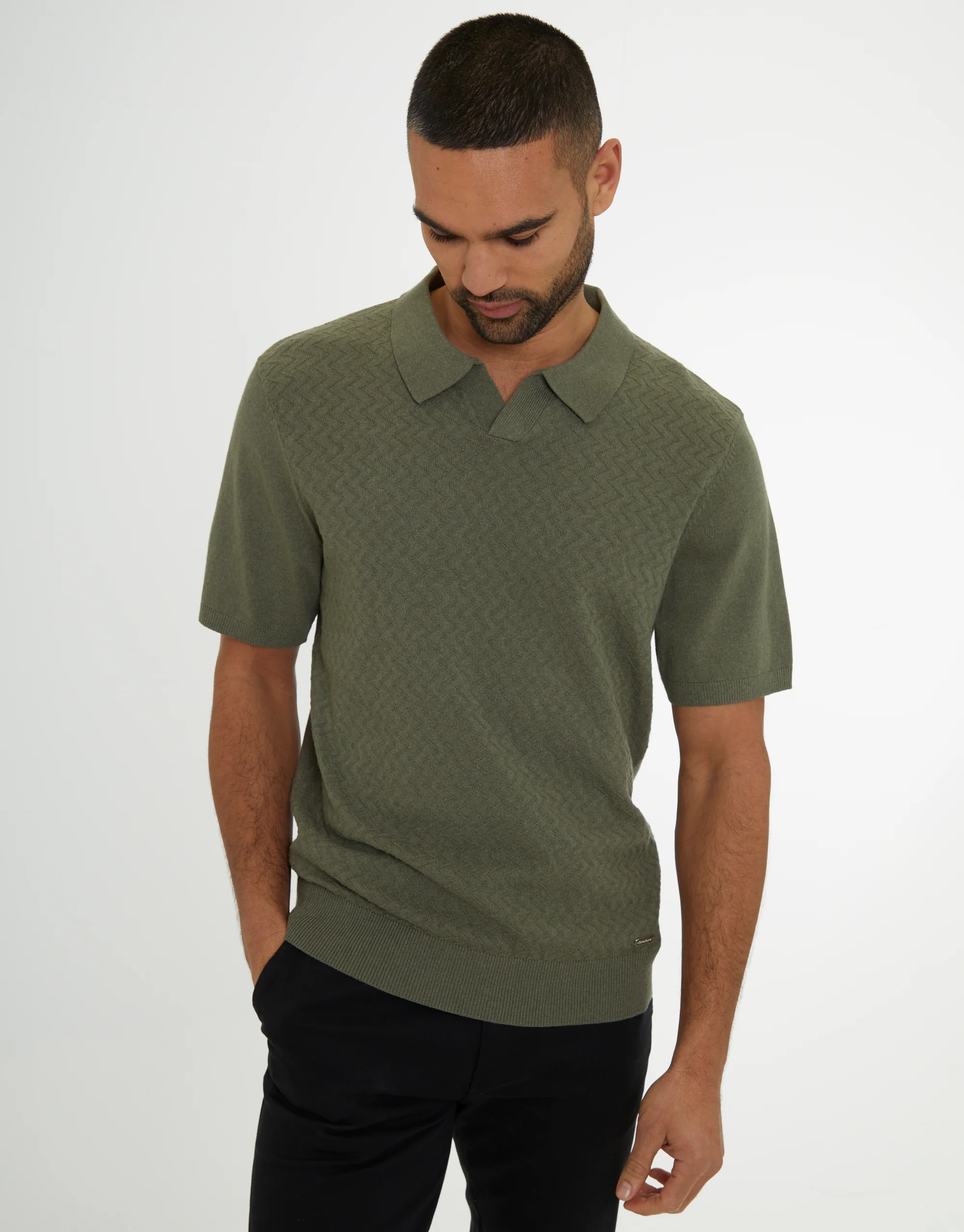 Textured Front Knitted Trophy Neck Polo in Dark Sage Green