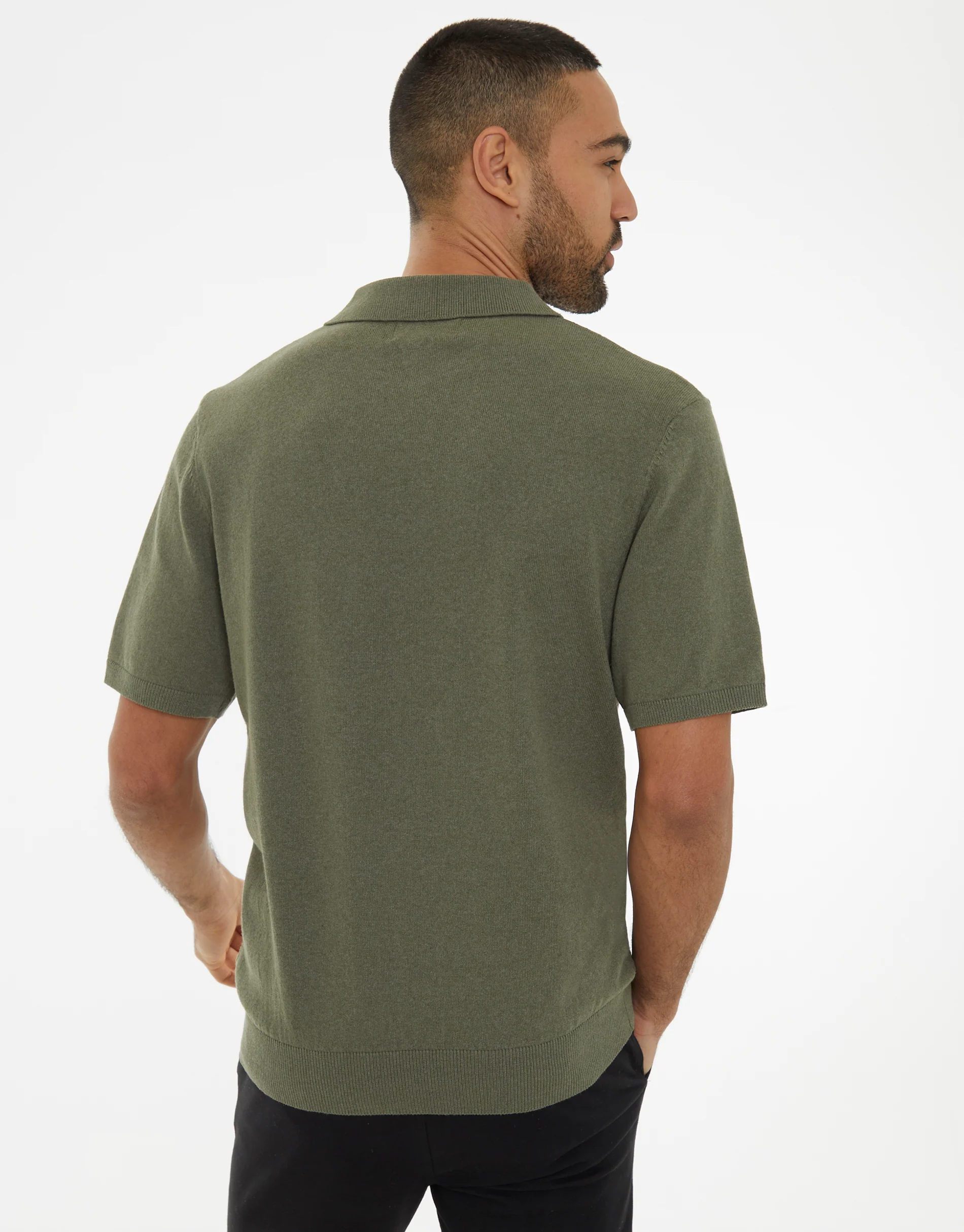 Textured Front Knitted Trophy Neck Polo in Dark Sage Green - Image 2