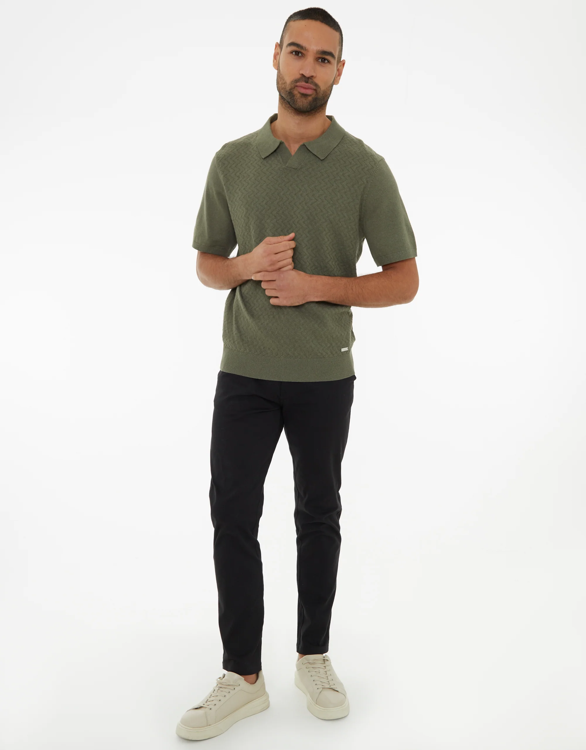Textured Front Knitted Trophy Neck Polo in Dark Sage Green - Image 3