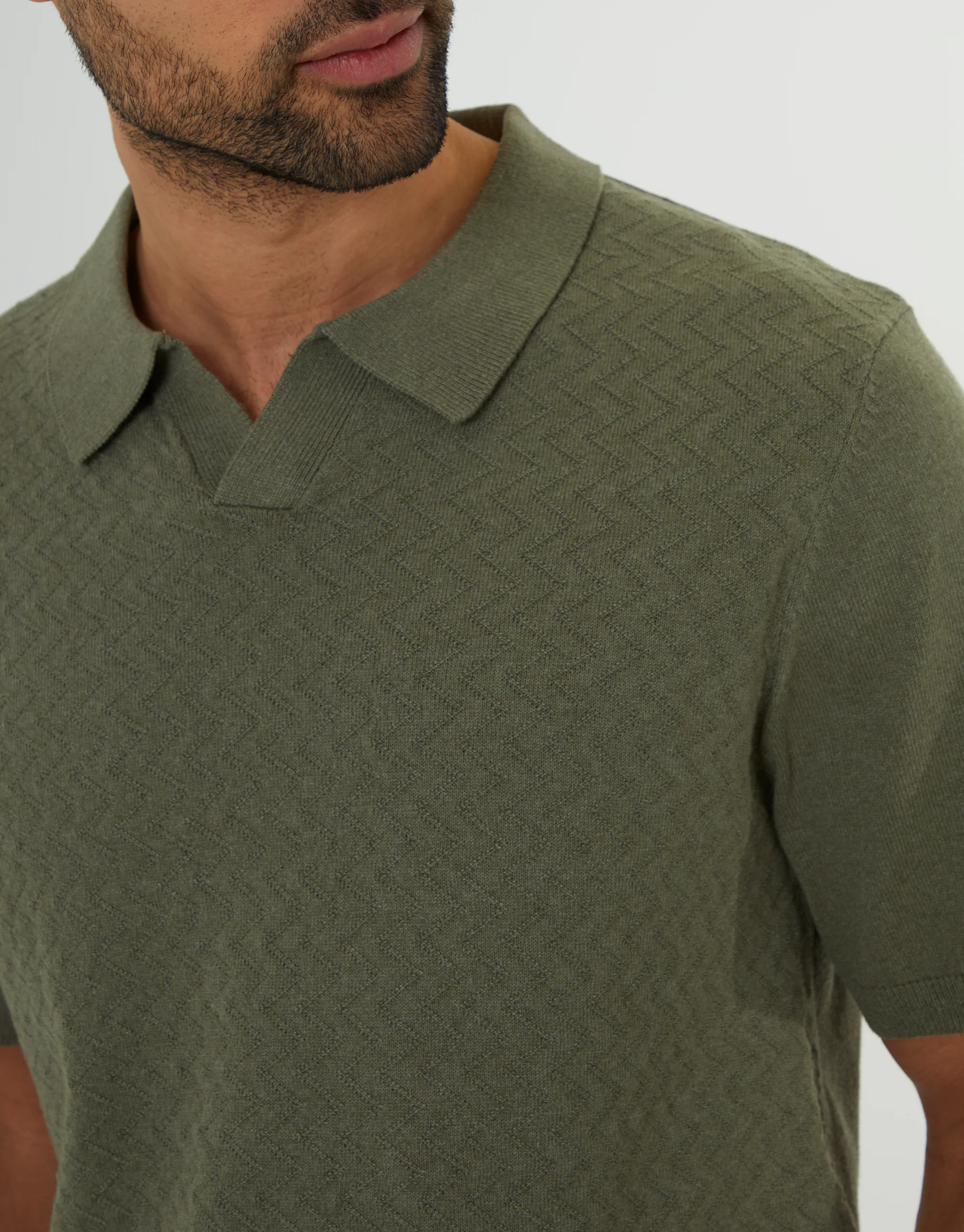 Textured Front Knitted Trophy Neck Polo in Dark Sage Green - Image 4