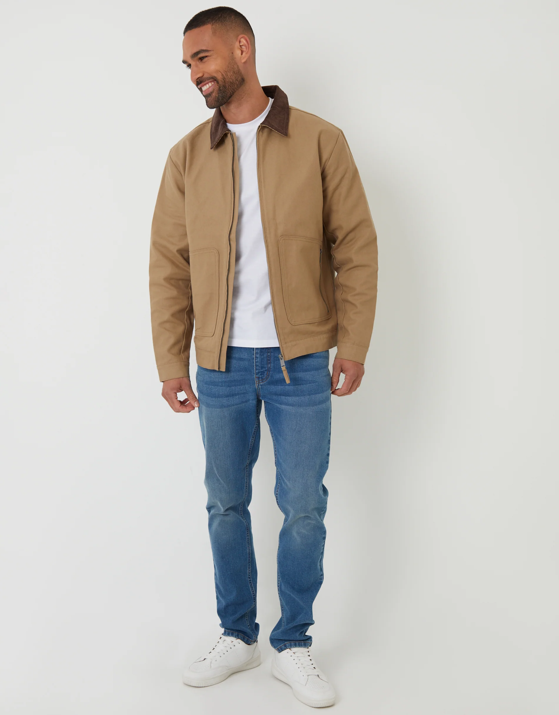Cotton Corduroy Collar Lightweight Jacket in Dark Stone - Image 3