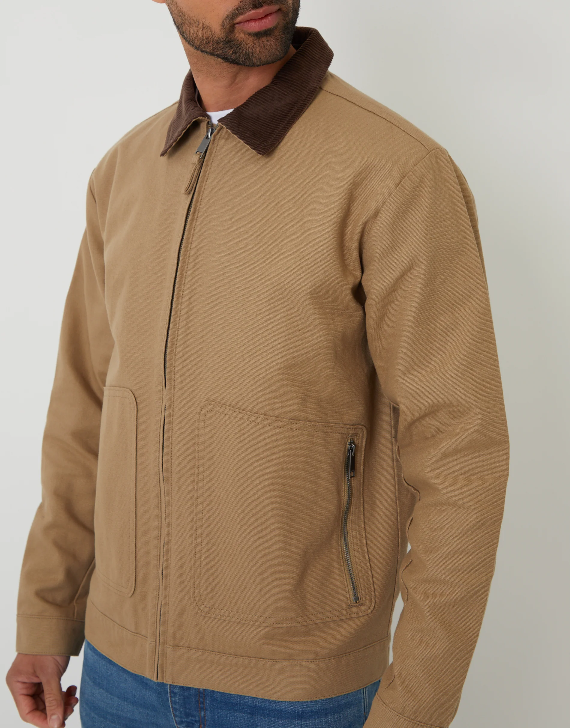 Cotton Corduroy Collar Lightweight Jacket in Dark Stone - Image 4
