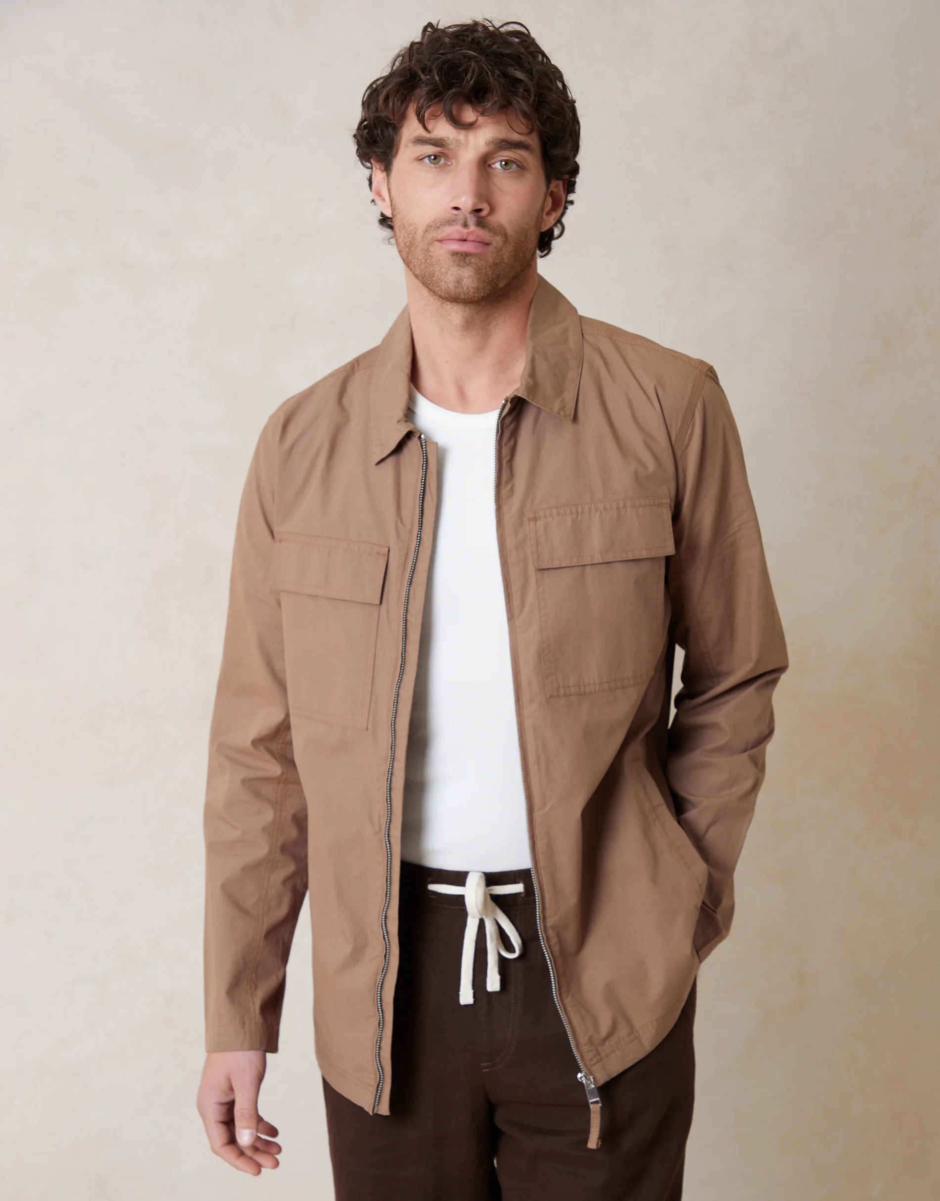 Cotton Poplin Collared Jacket in Dark Stone