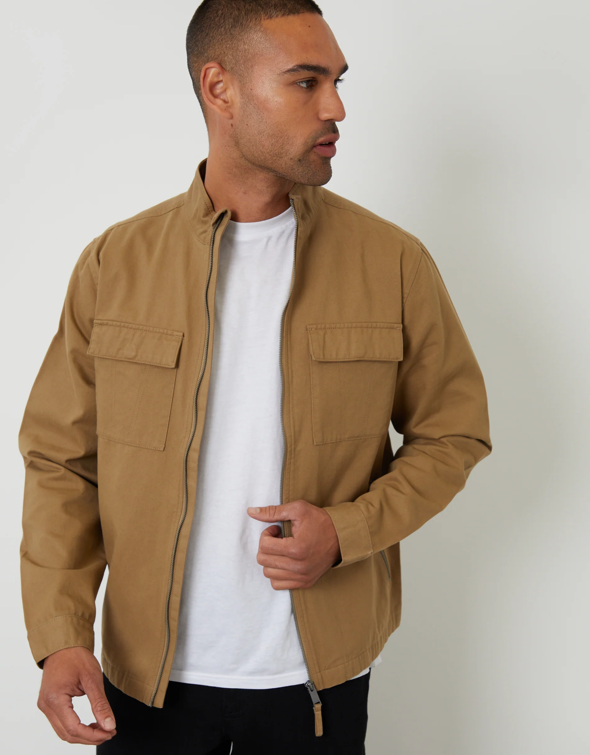 Cotton Twill Lightweight Funnel Neck Jacket in Dark Stone