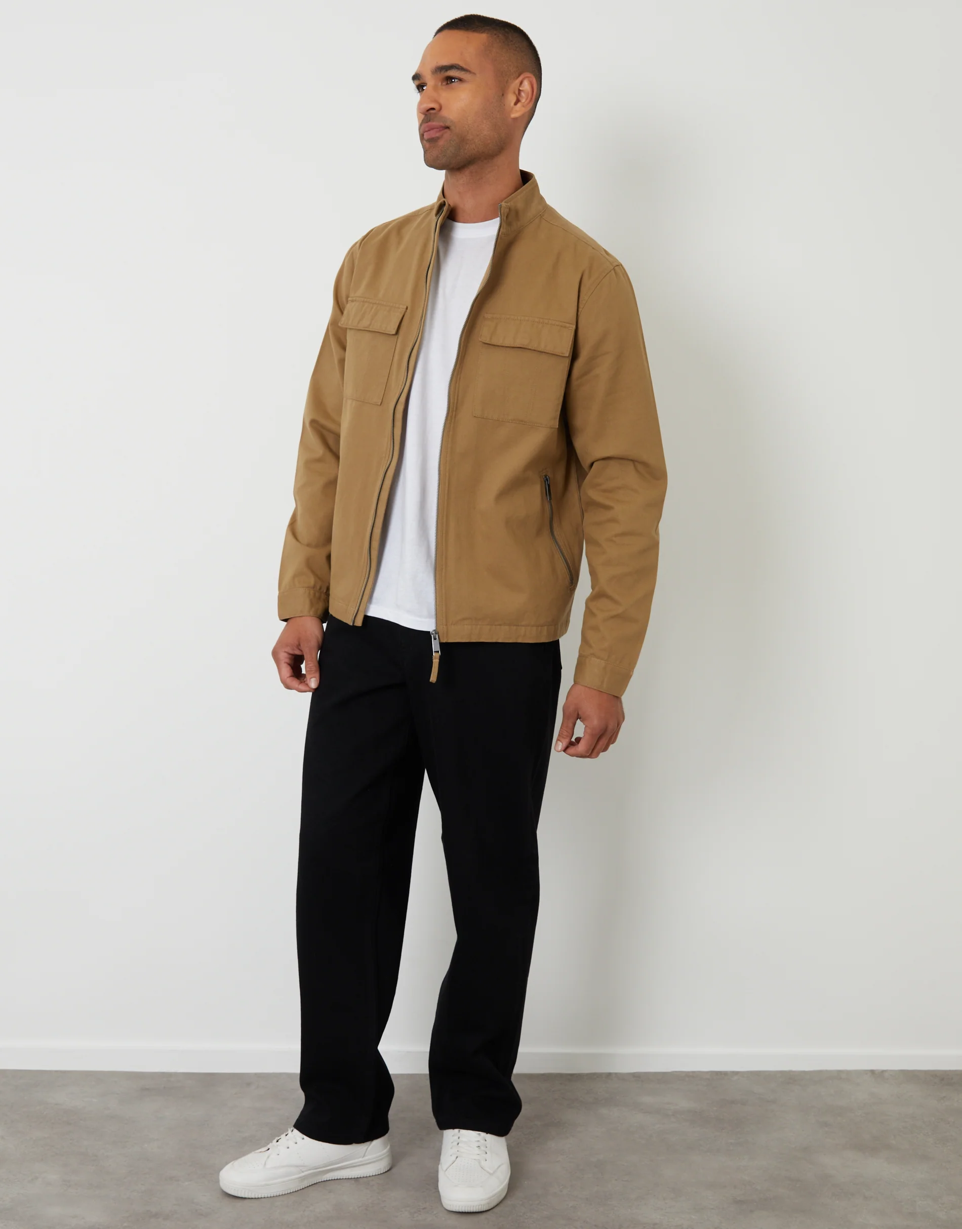 Cotton Twill Lightweight Funnel Neck Jacket in Dark Stone - Image 3