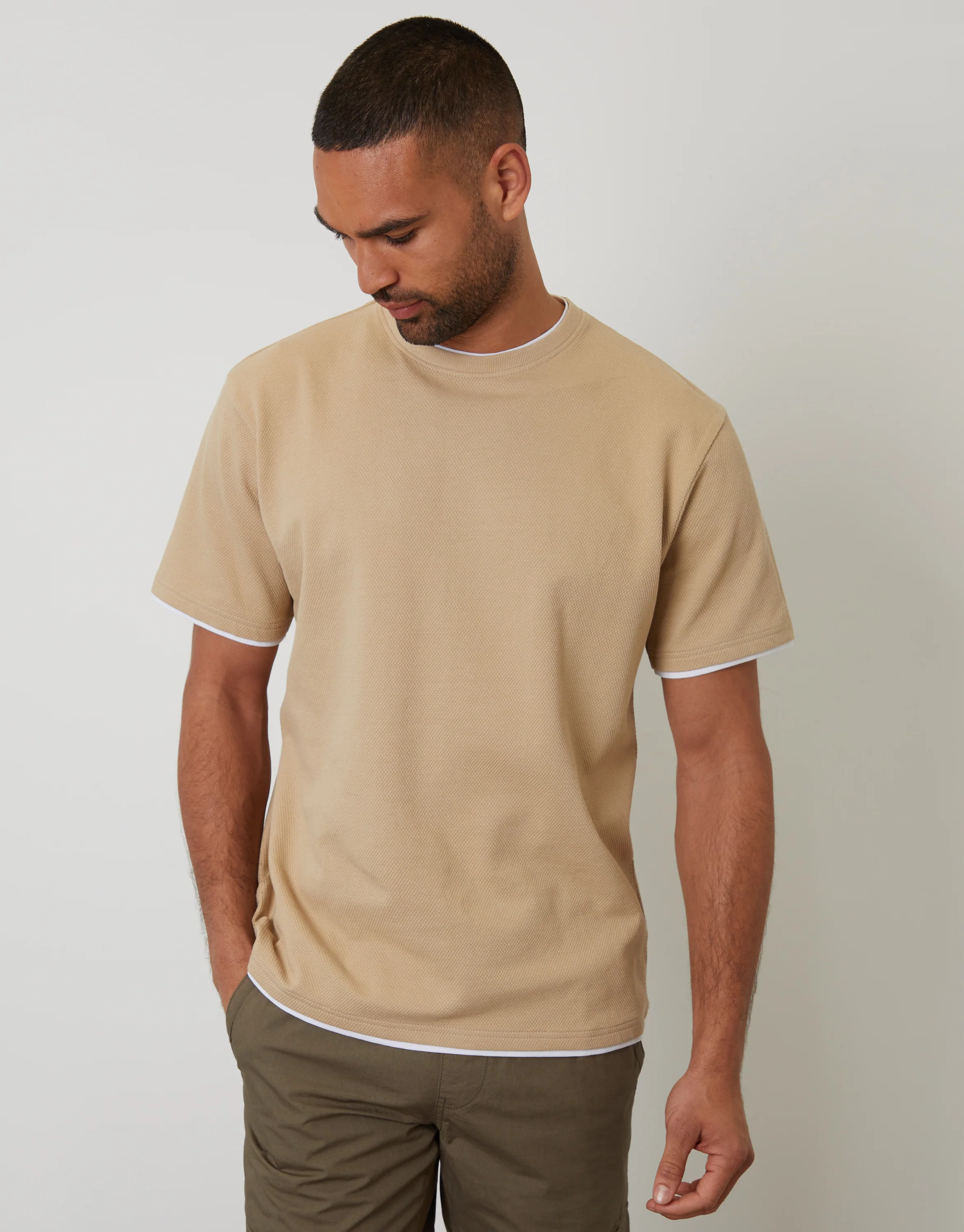 Mock Layer Crew Neck Popcorn Textured T-Shirt in Dark Stone