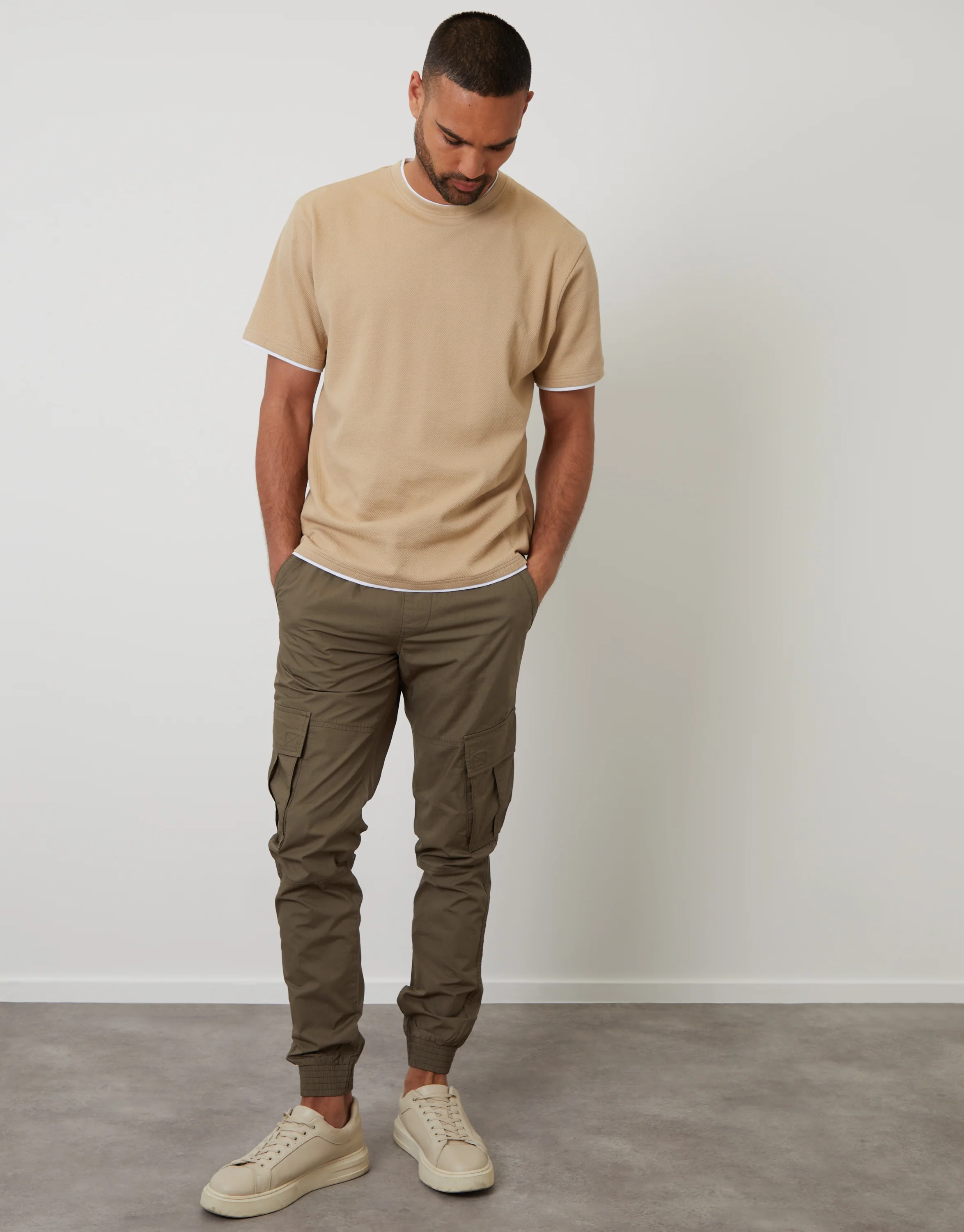 Mock Layer Crew Neck Popcorn Textured T-Shirt in Dark Stone - Image 3