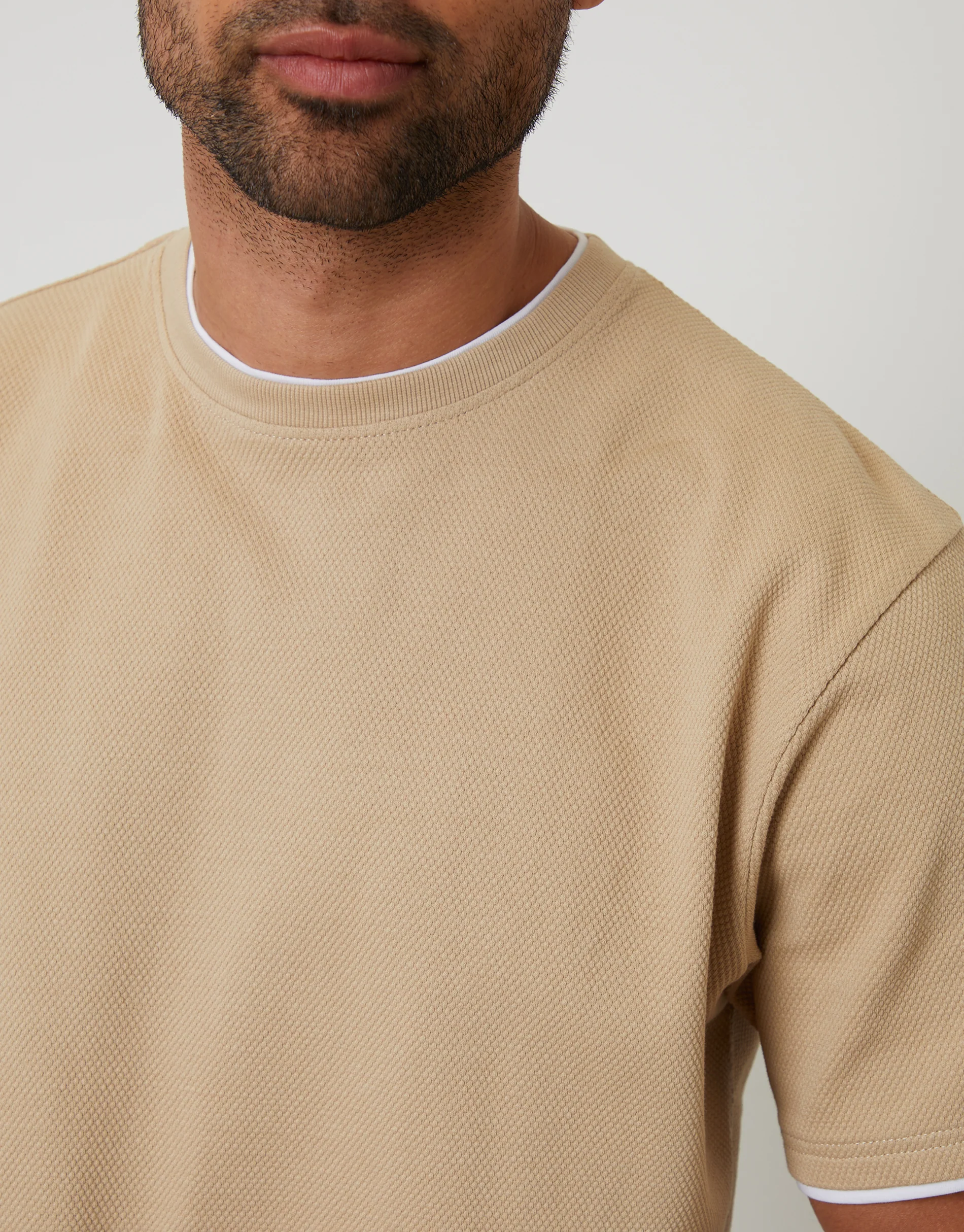 Mock Layer Crew Neck Popcorn Textured T-Shirt in Dark Stone - Image 4