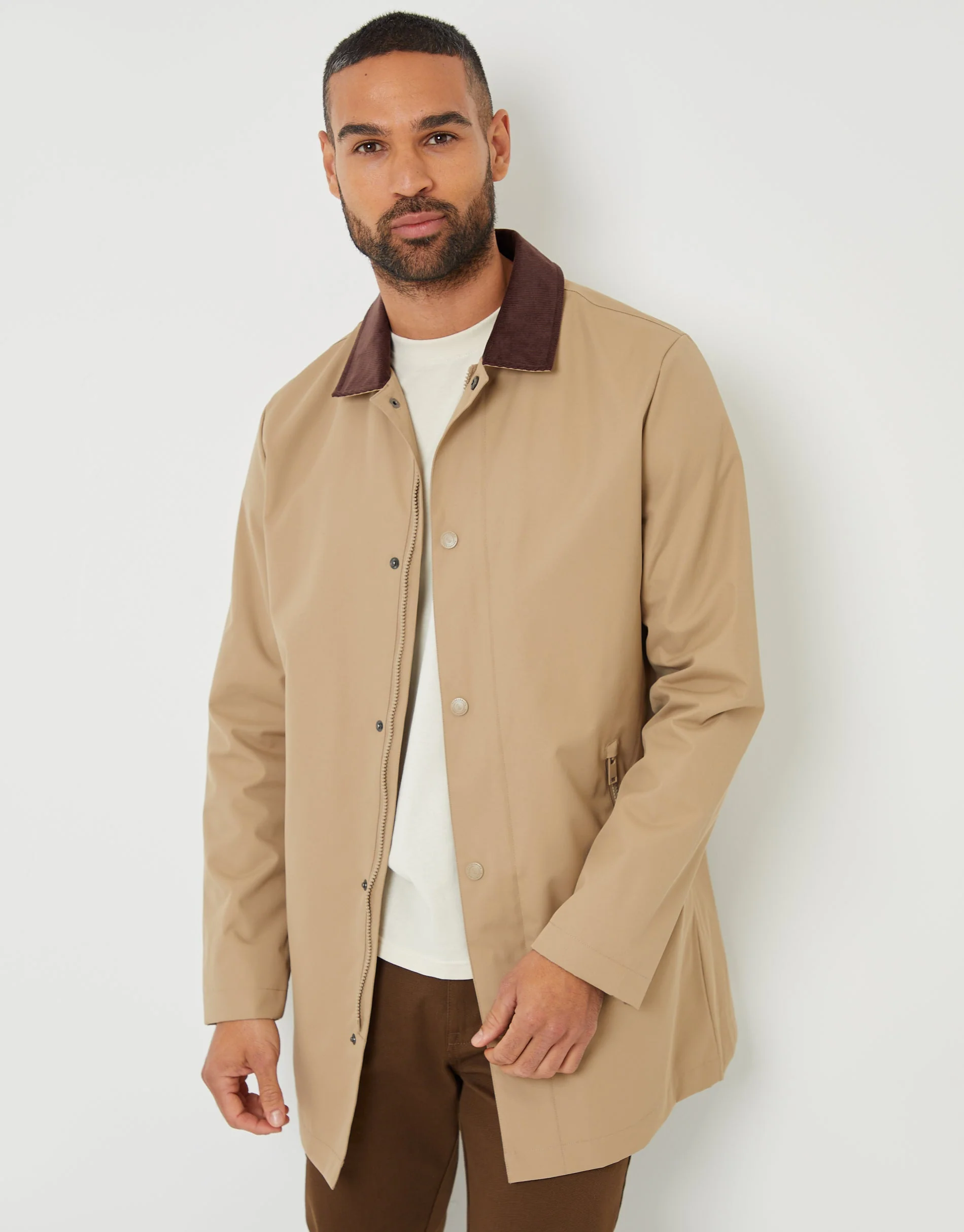 Showerproof Longline Corduroy Collar Mac in Dark Stone