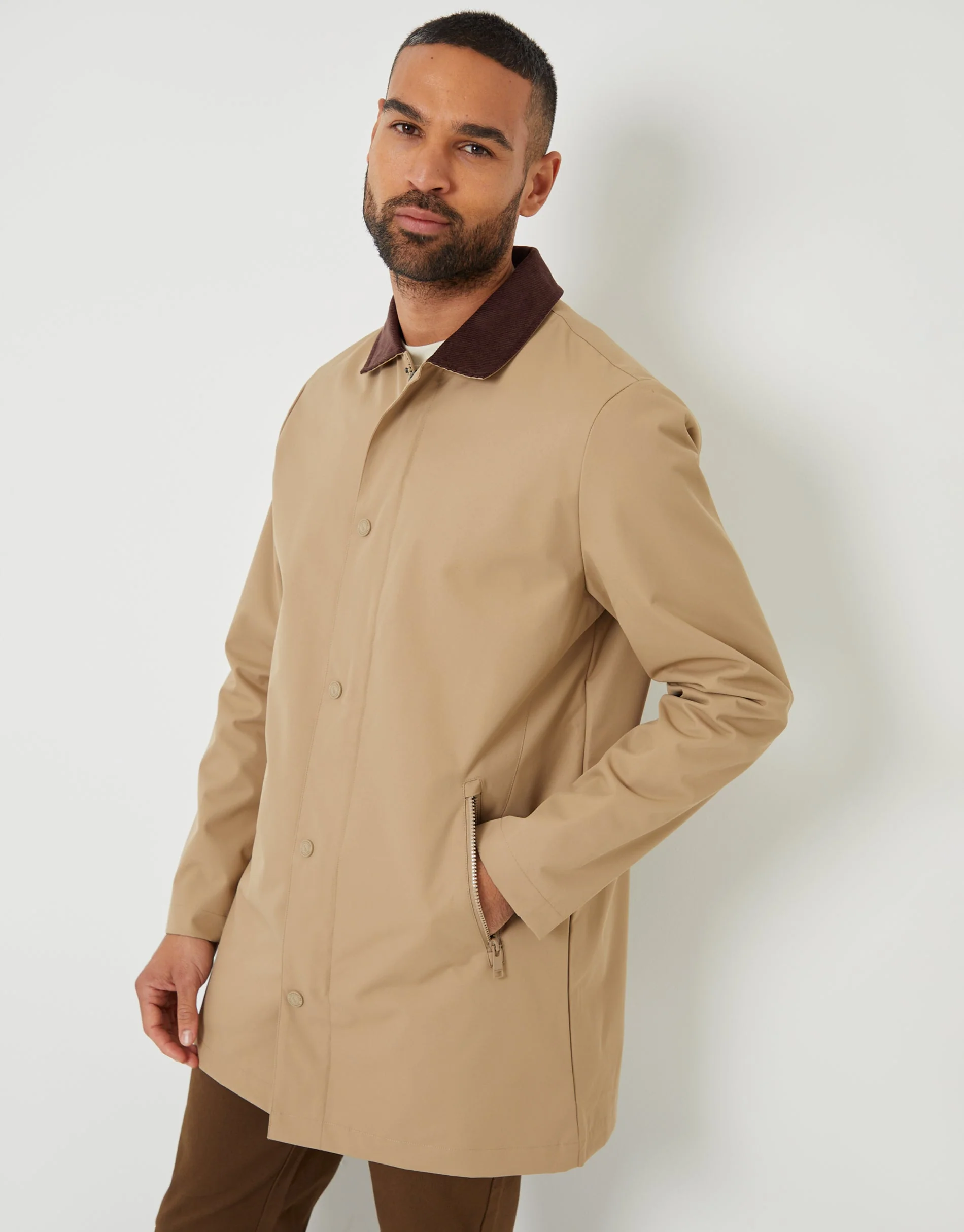 Showerproof Longline Corduroy Collar Mac in Dark Stone - Image 2