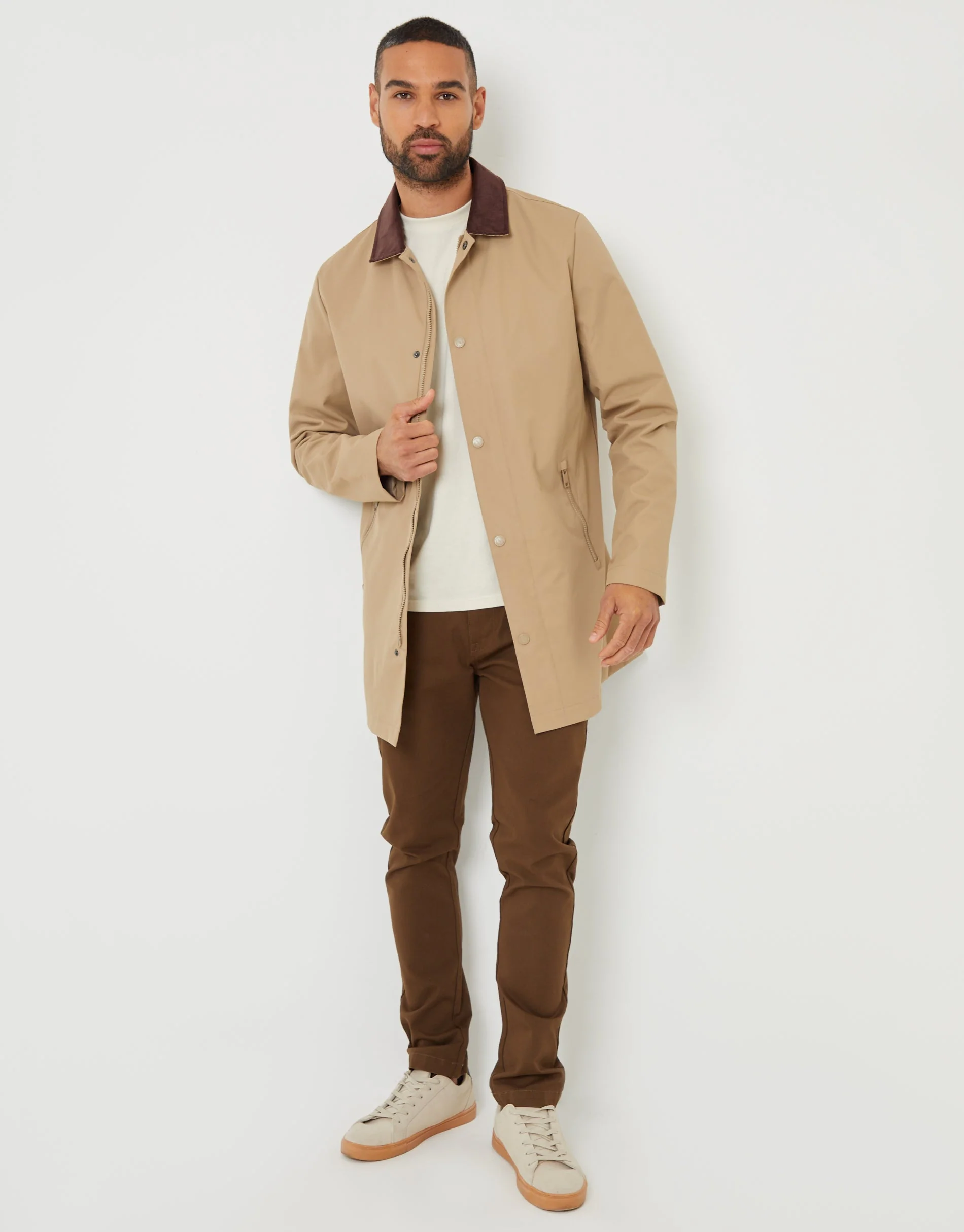 Showerproof Longline Corduroy Collar Mac in Dark Stone - Image 4