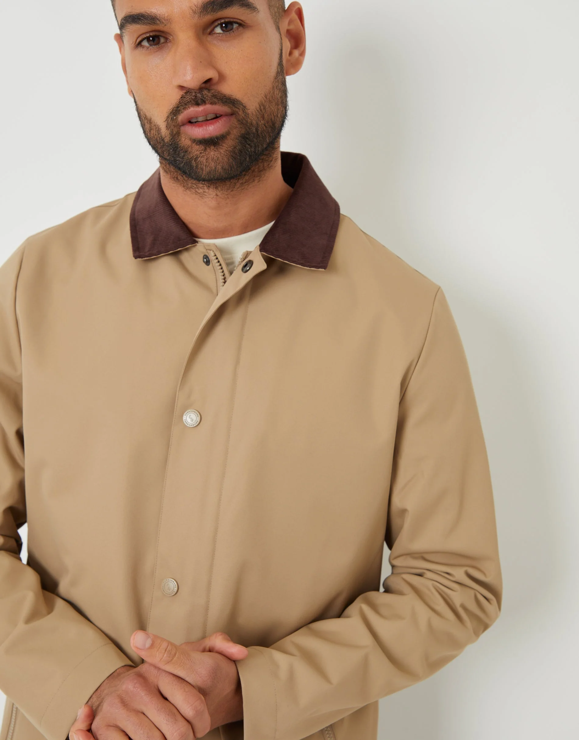 Showerproof Longline Corduroy Collar Mac in Dark Stone - Image 5