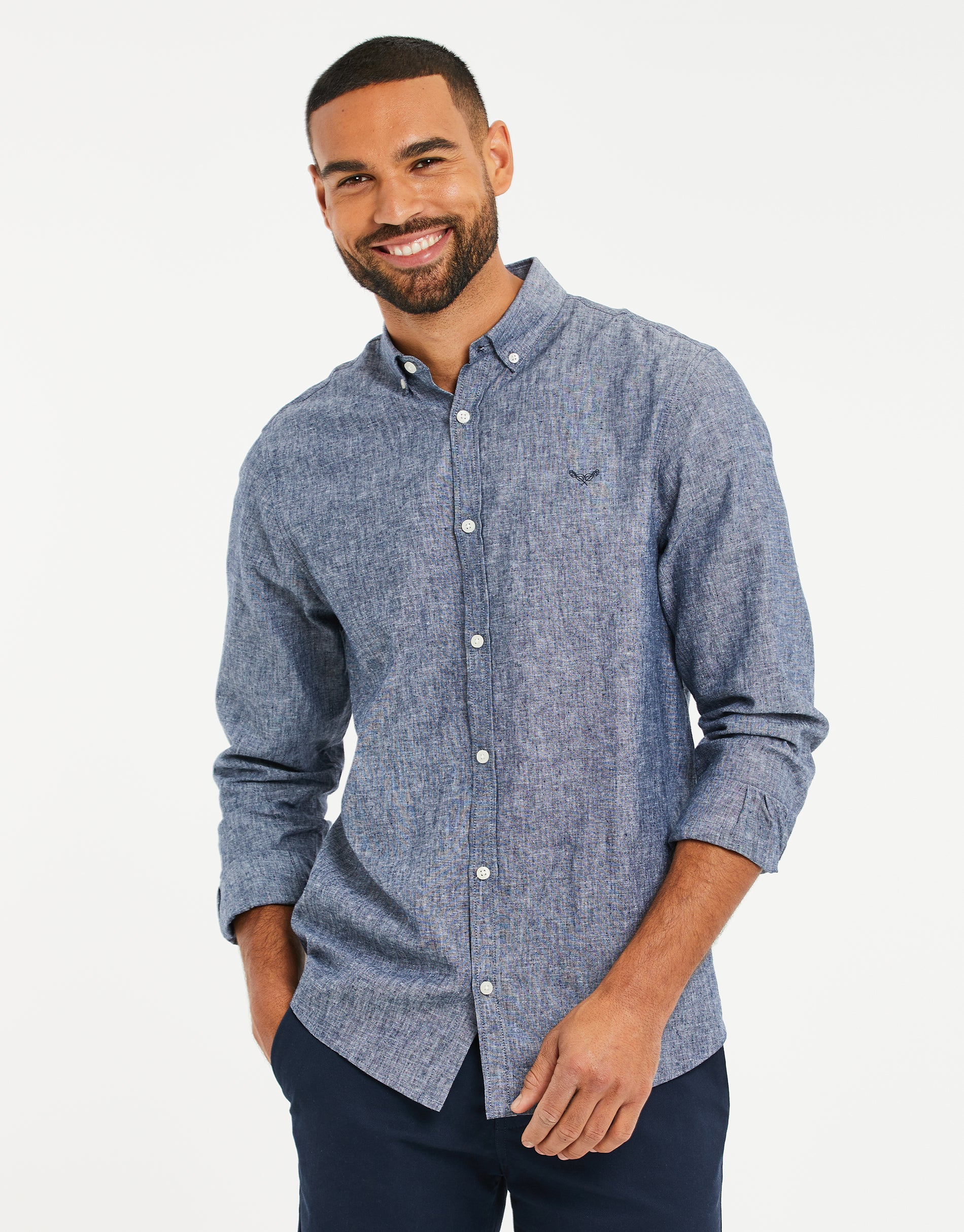 Long Sleeve Linen Blend Shirt in Denim Blue
