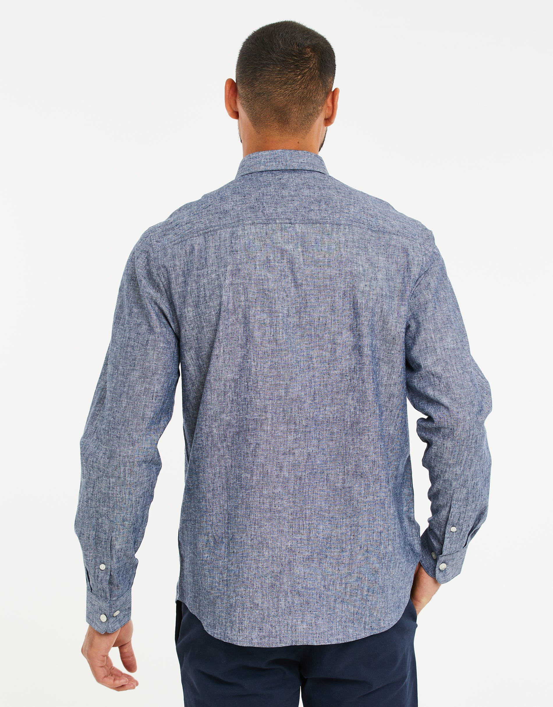 Long Sleeve Linen Blend Shirt in Denim Blue - Image 2