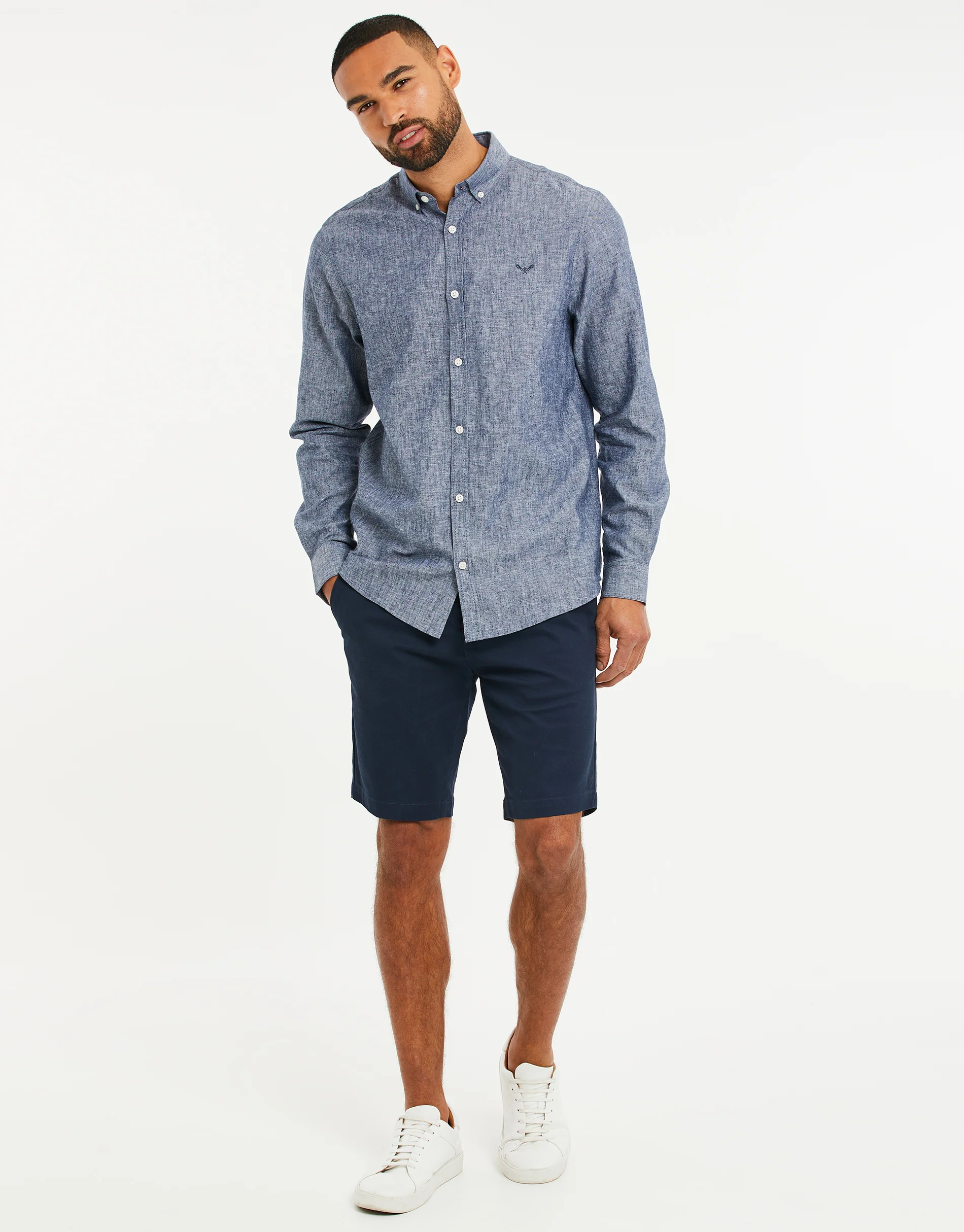 Long Sleeve Linen Blend Shirt in Denim Blue - Image 3
