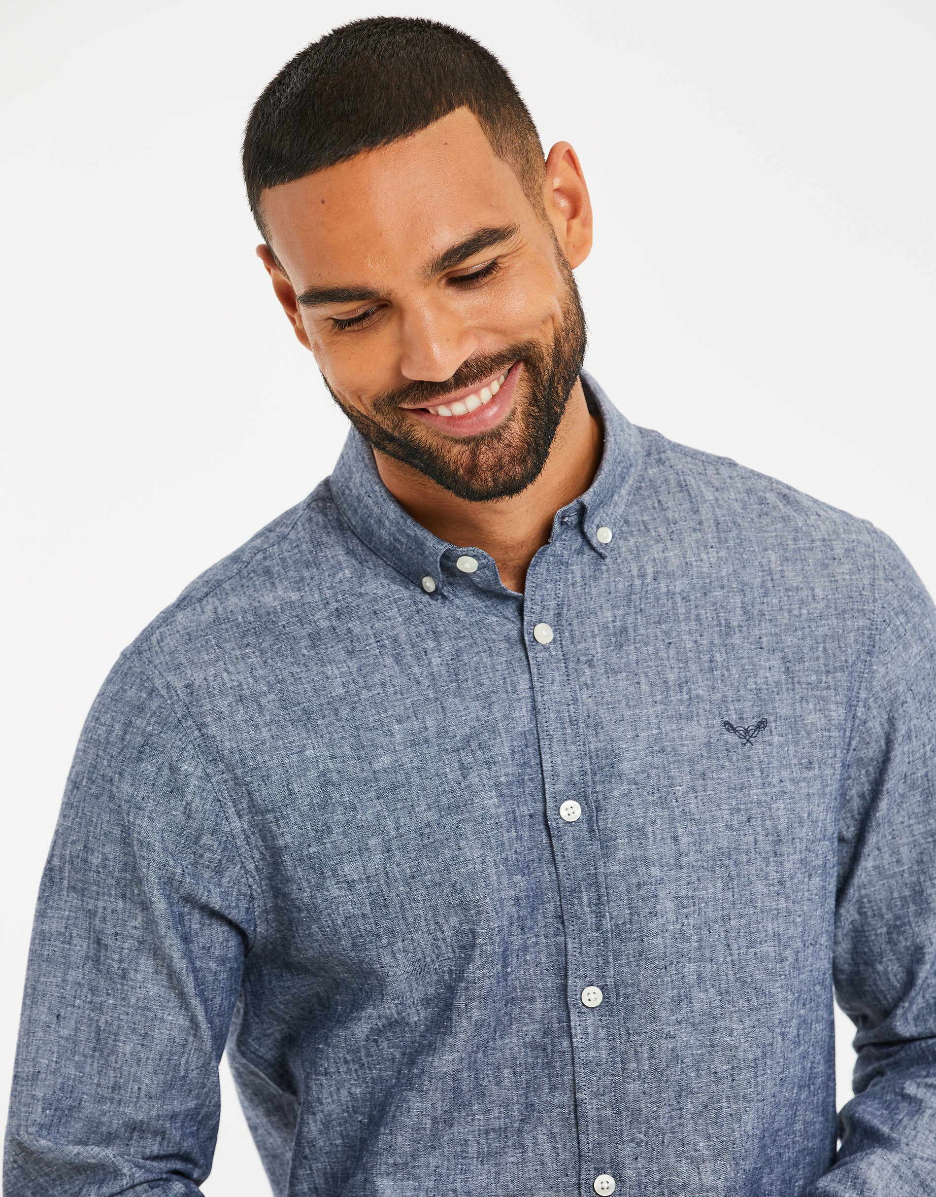 Long Sleeve Linen Blend Shirt in Denim Blue - Image 4