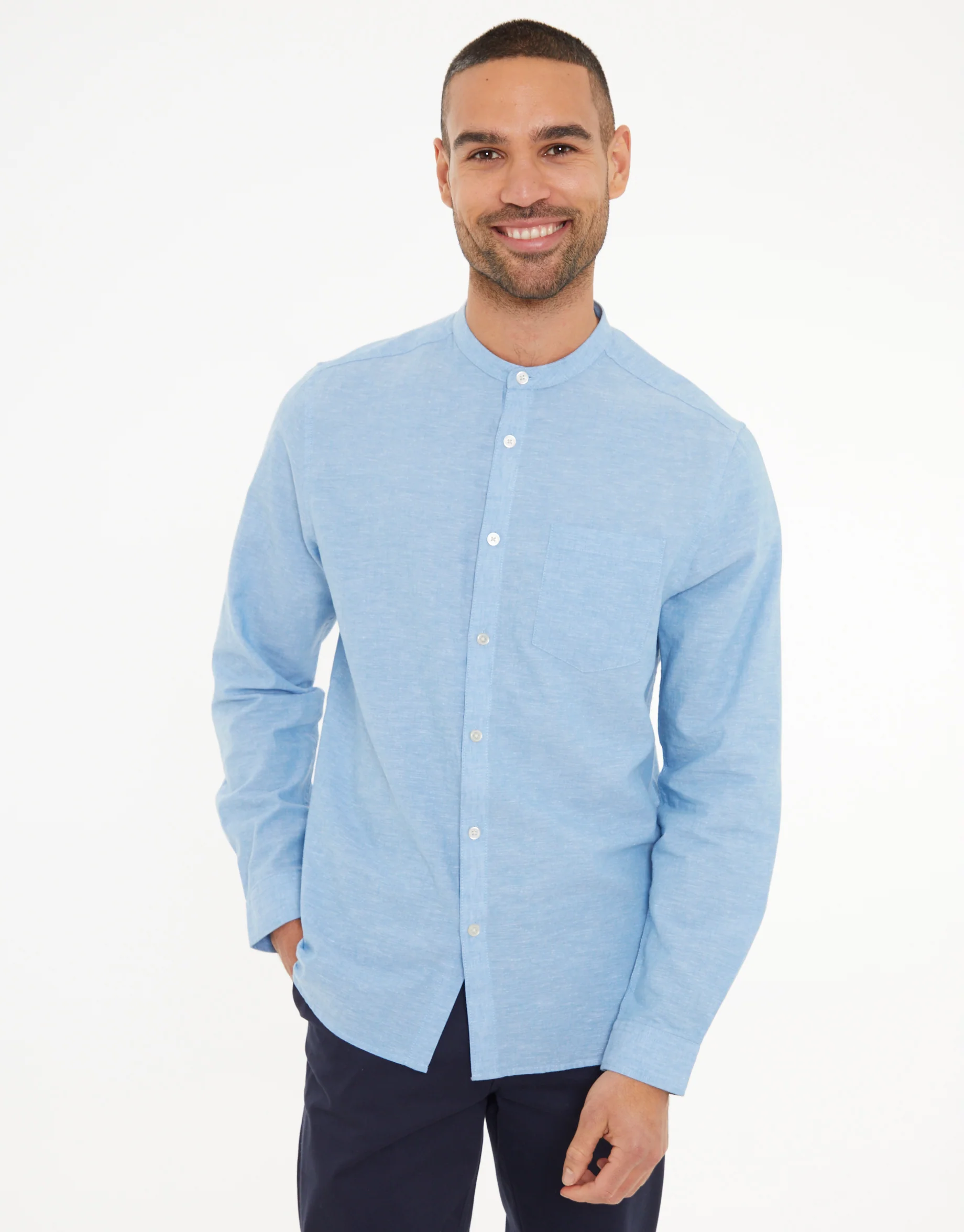 Grandad Collar Linen Blend Long Sleeve Shirt in Denim Blue