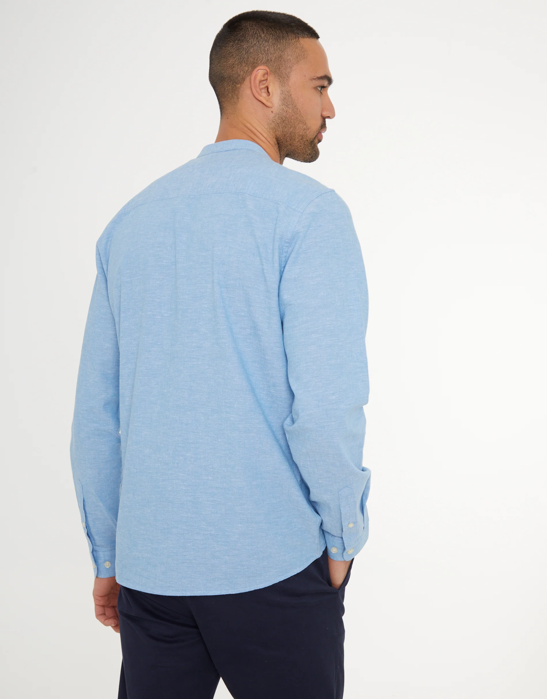 Grandad Collar Linen Blend Long Sleeve Shirt in Denim Blue - Image 2