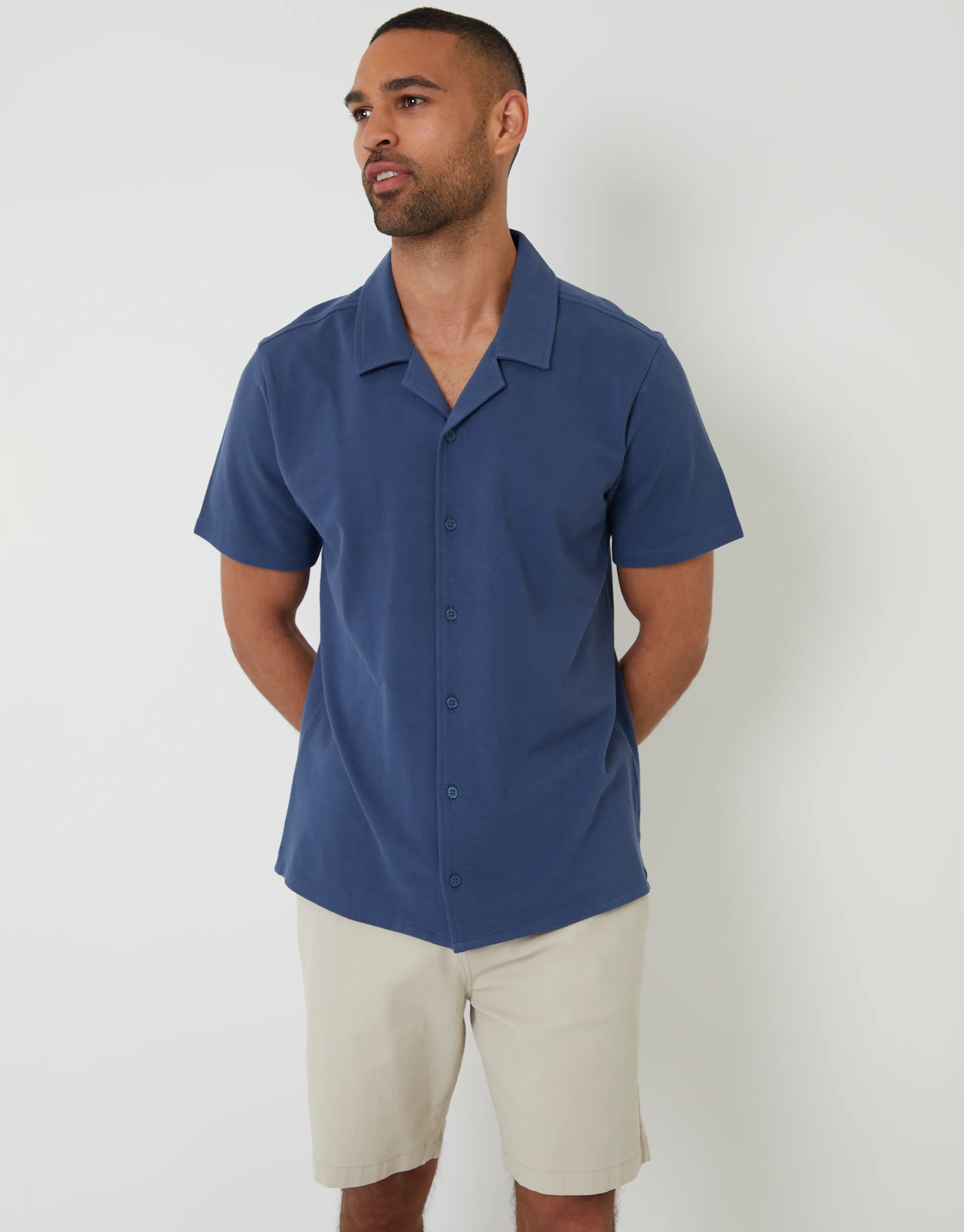 Jersey Pique Revere Collar Short Sleeve Shirt in Denim Blue