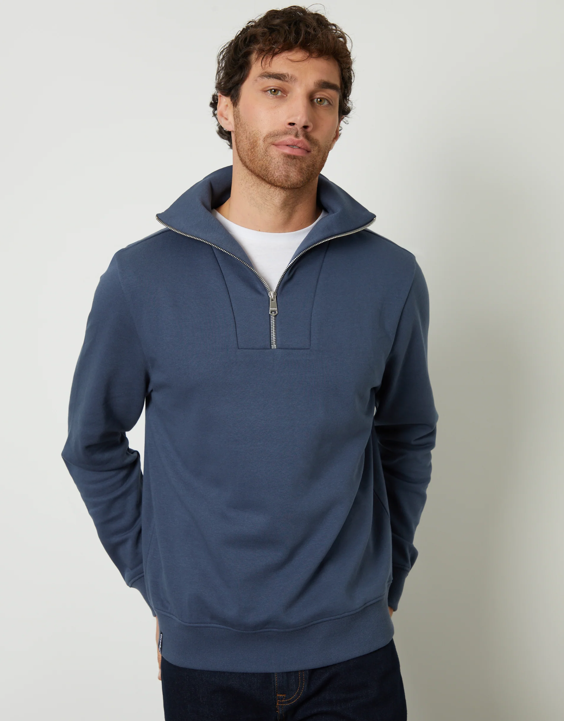 Quarter Zip Funnel Neck Sweatshirt in Denim Blue