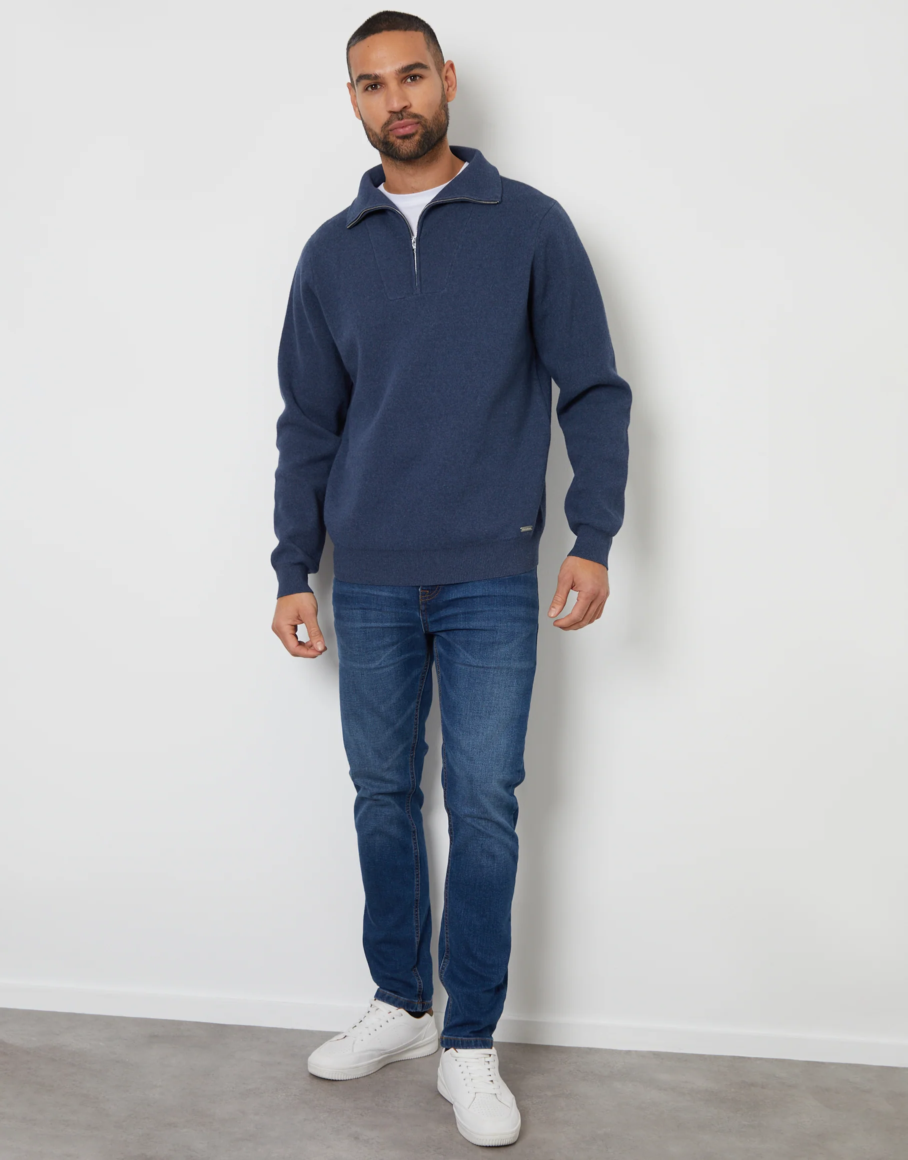 Rib Panel Quarter Zip Jumper in Denim Blue - Image 3