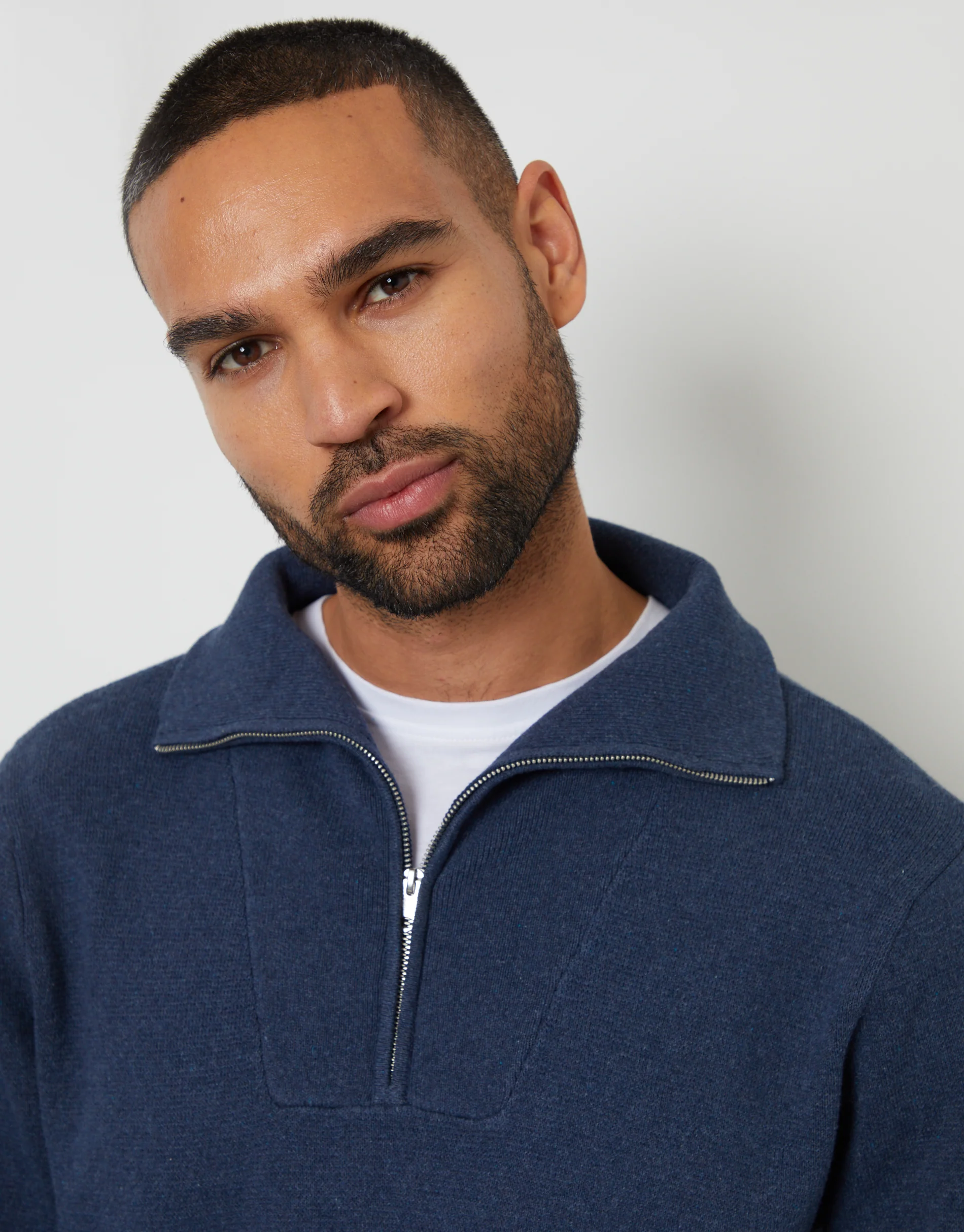 Rib Panel Quarter Zip Jumper in Denim Blue - Image 4