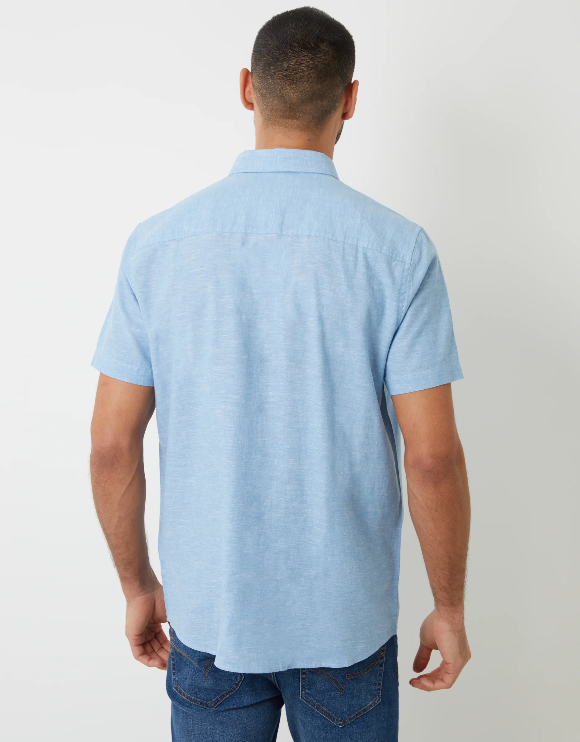 Short Sleeve Linen Blend Shirt in Denim Blue - Image 2