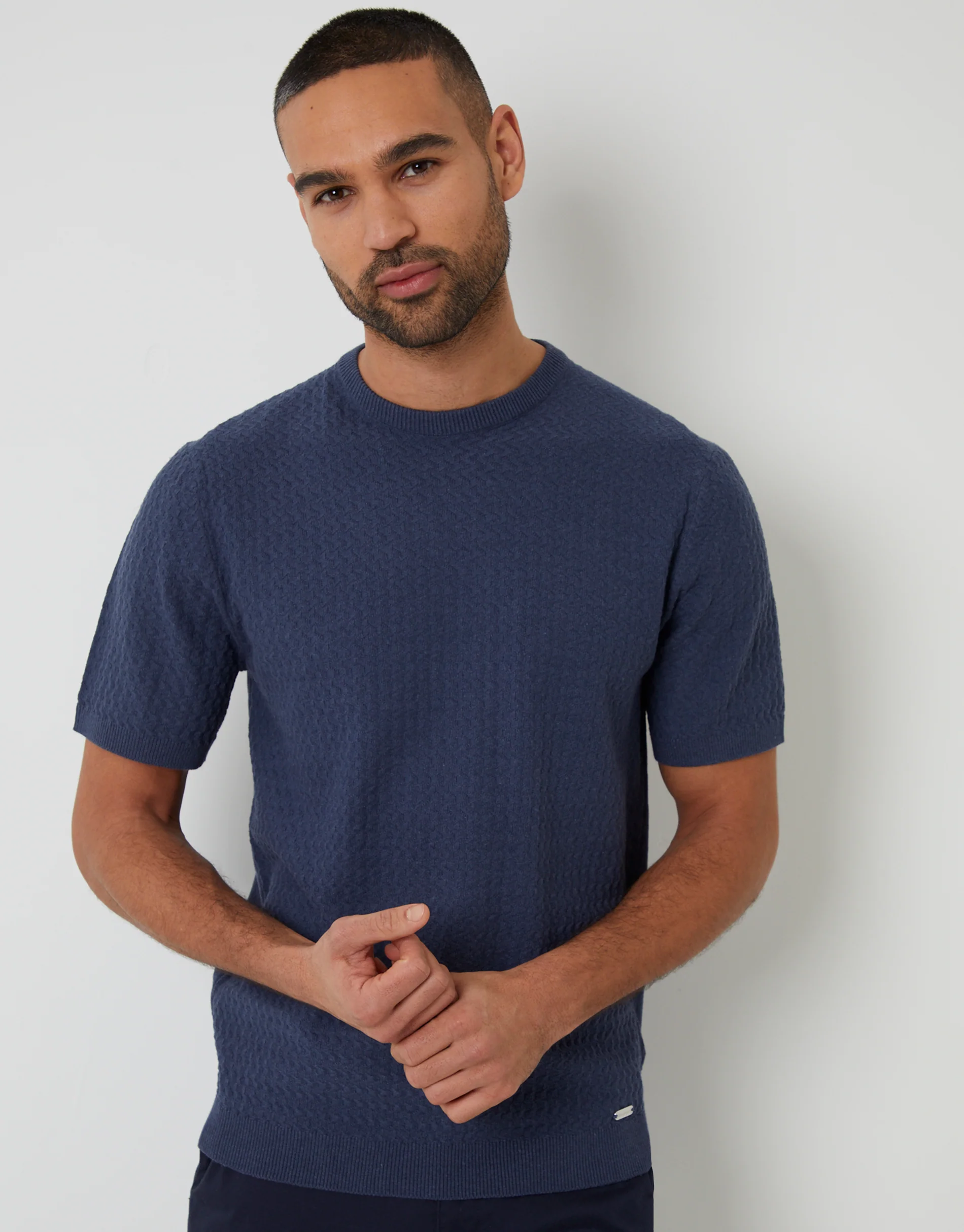 Textured Front Knitted T-Shirt in Denim Blue